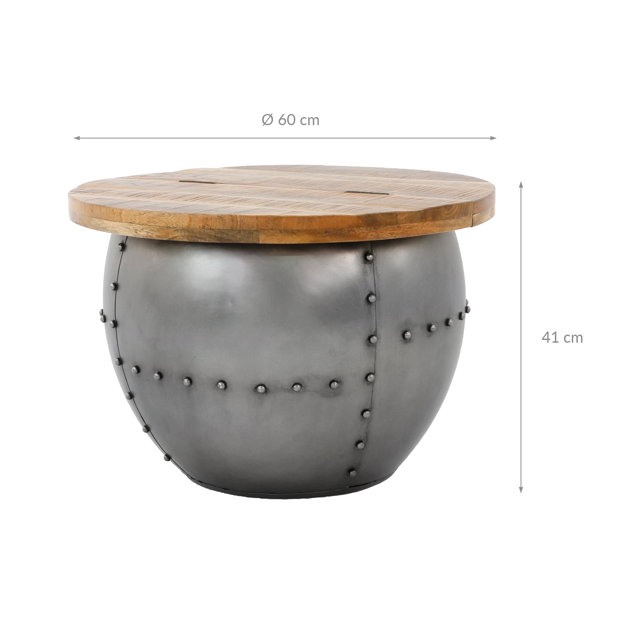Runder Tisch mit Holzplatte und metallischem Untergestell, Durchmesser 60 cm, Höhe 41 cm.