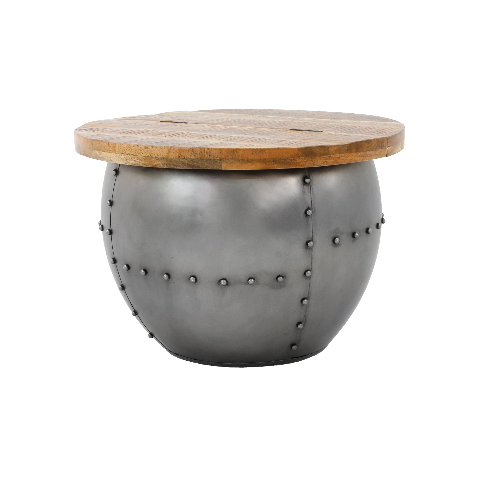 Runder Tisch mit metallischem Unterbau und Holzplatte.