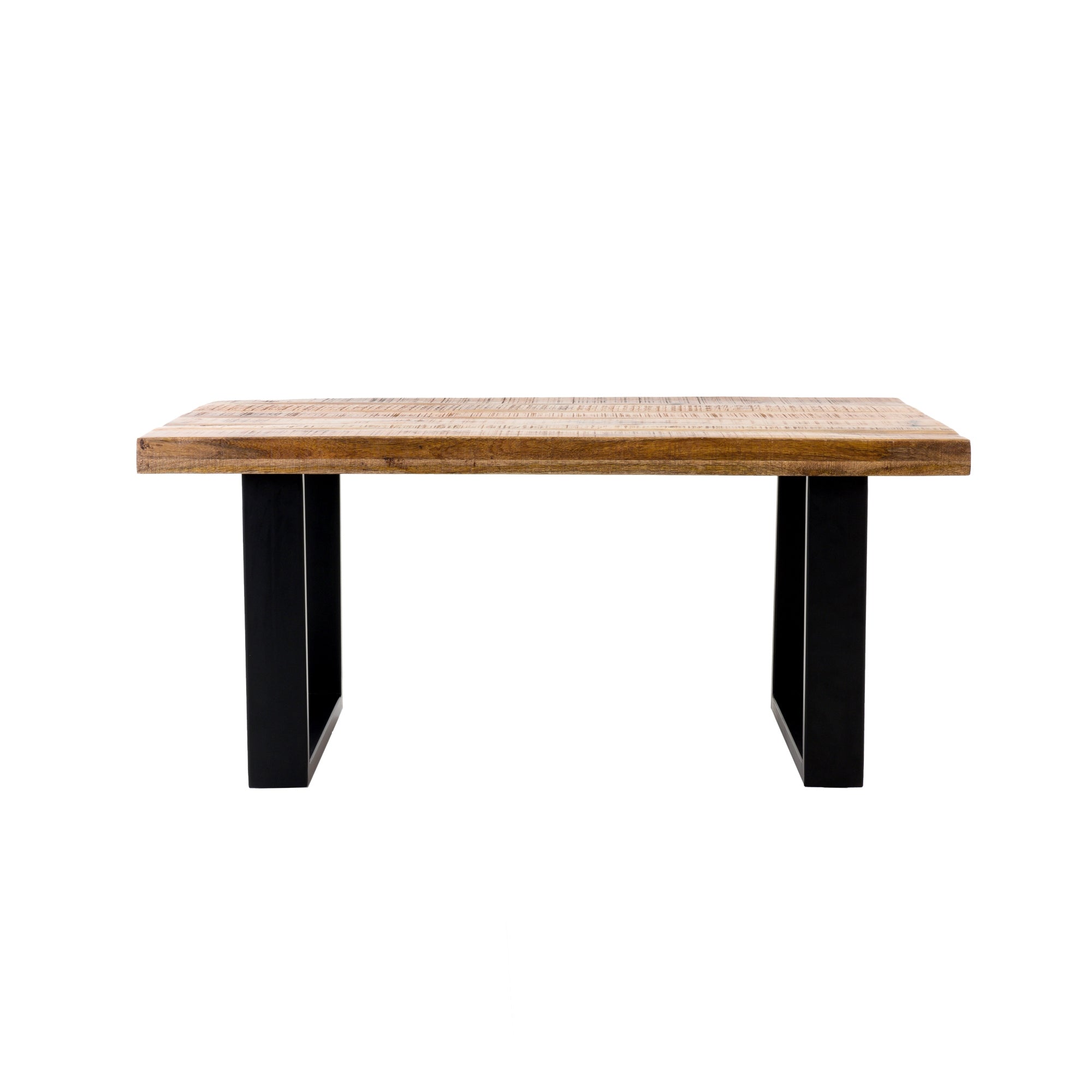 Rectangular table with wooden top and black metal legs.