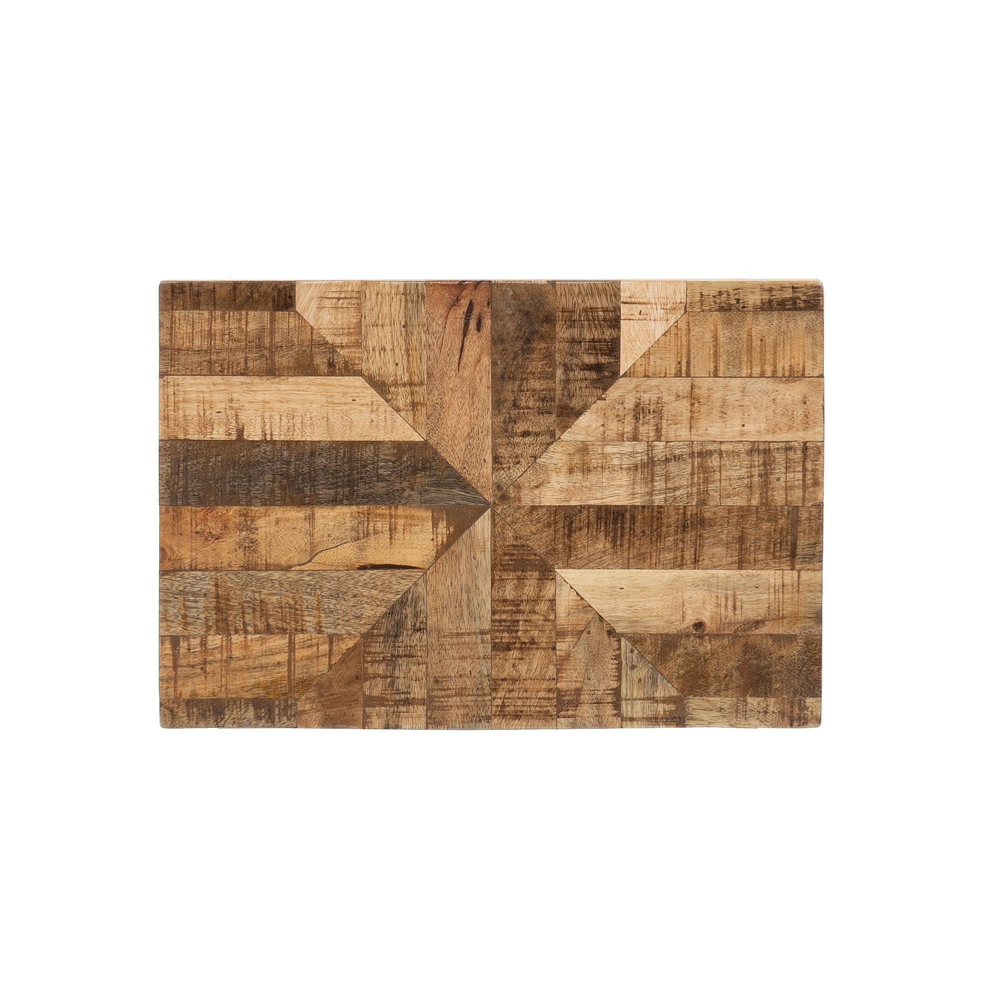Plateau en bois avec motif géométrique dans différentes teintes de bois.