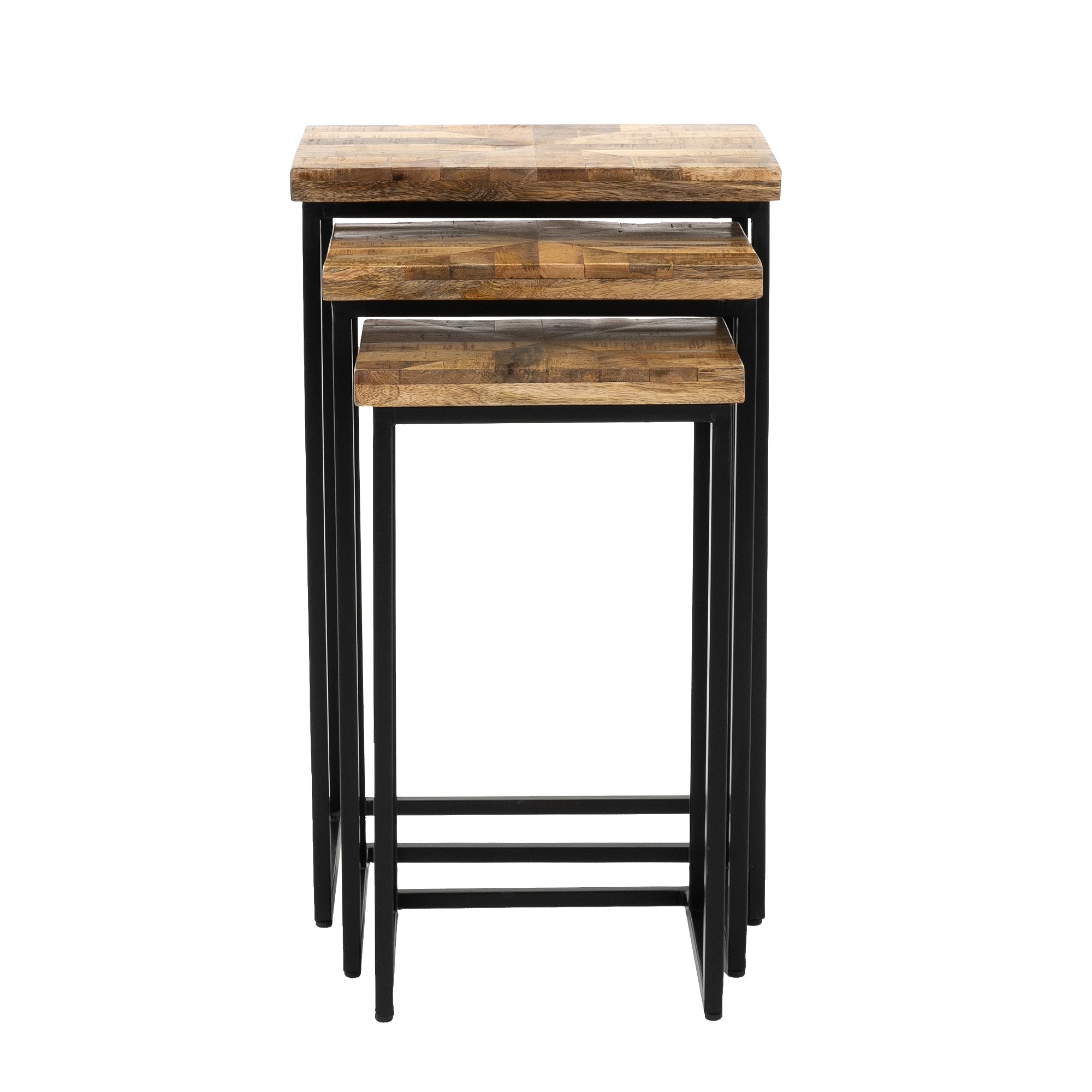Trois tables empilables avec surface en bois et structure en métal noir.