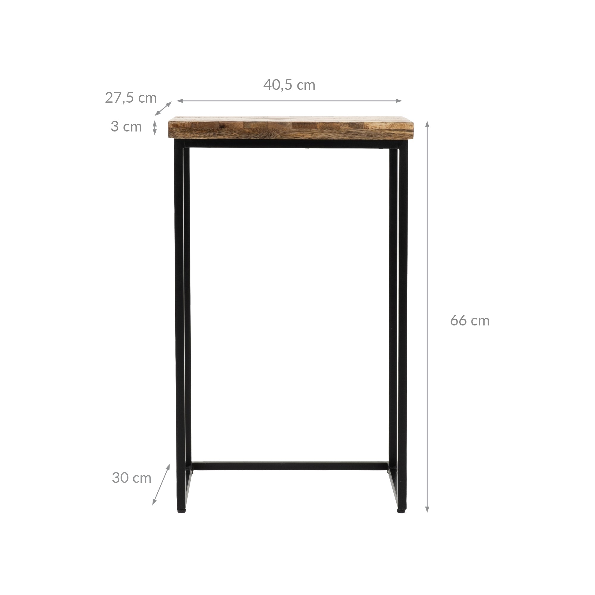 Table avec plateau en bois, dimensions indiquées : 40,5 cm x 30 cm x 66 cm.