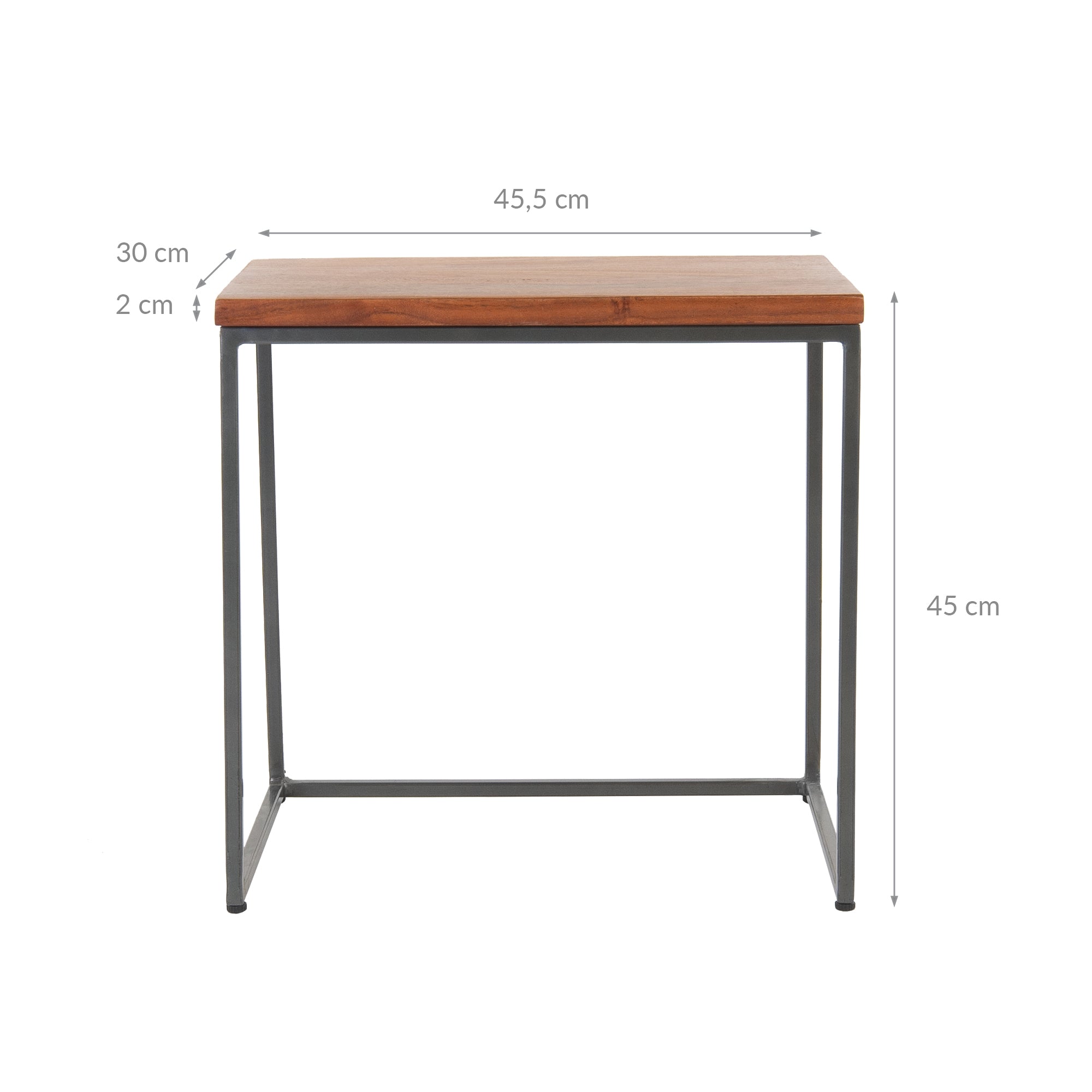 Maßzeichnung eines kleinen Tisches mit Holzplatte und Metallgestell.