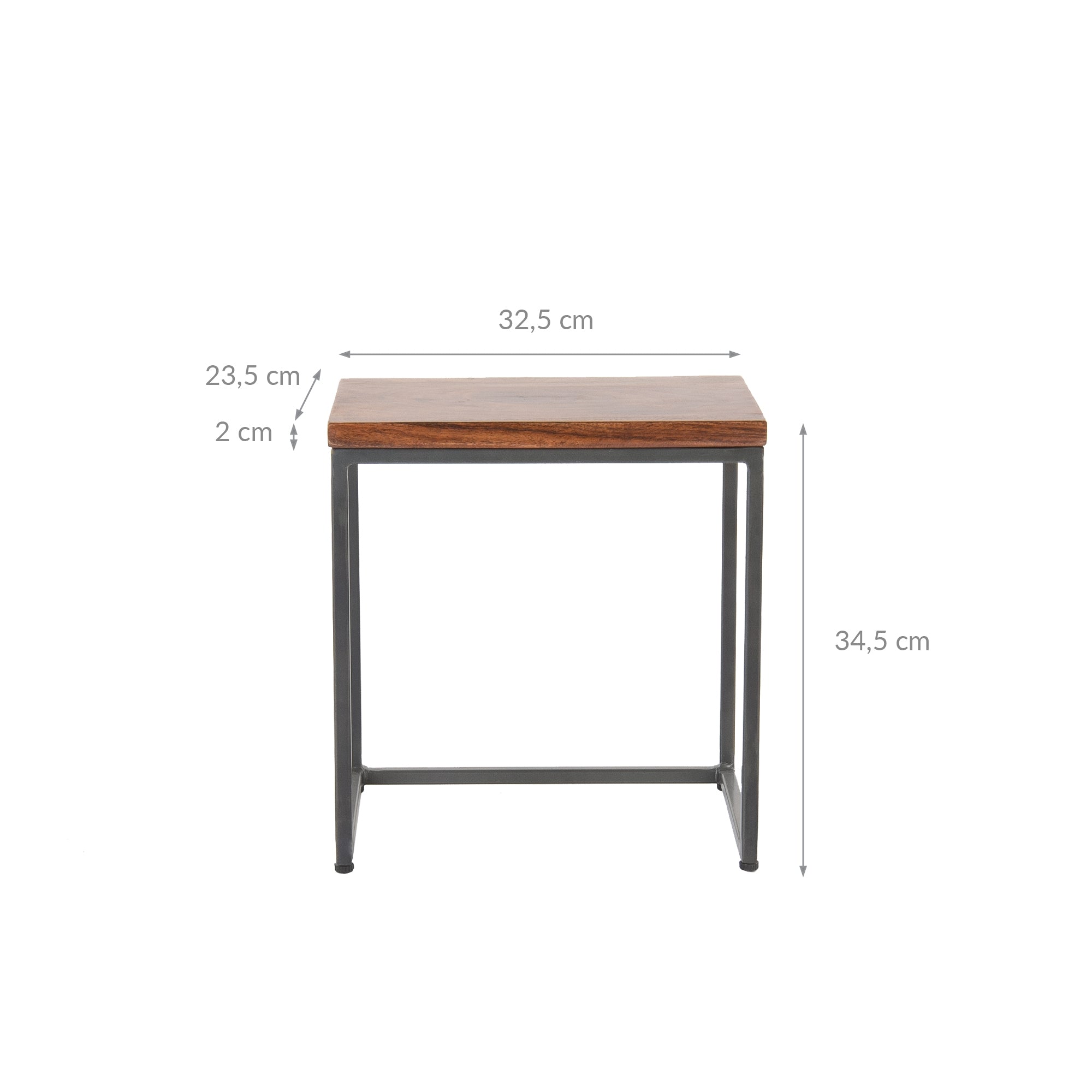 Kleiner Tisch mit Holzplatte und Metallgestell, Maße angegeben.