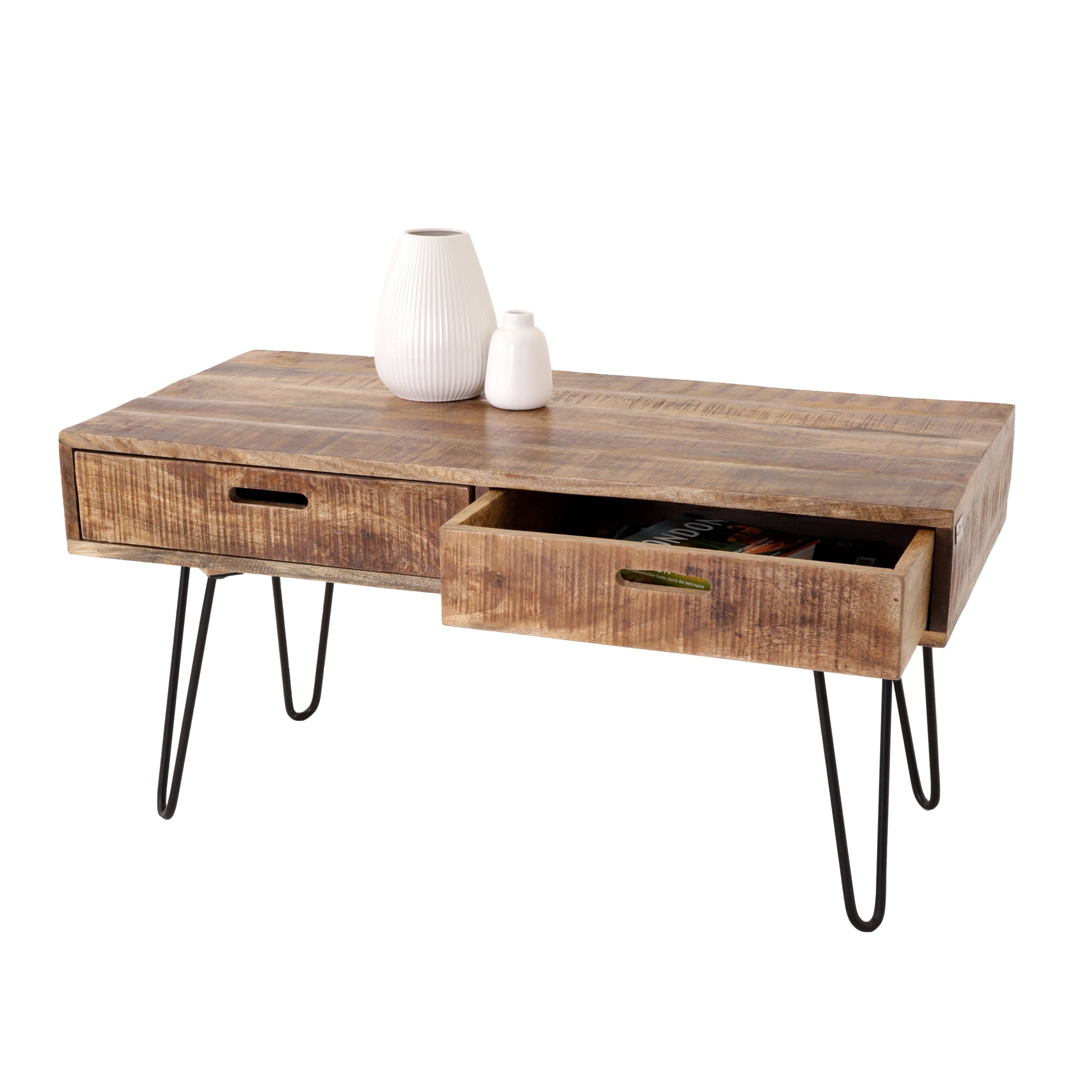 Mesa de madera con un cajón abierto y uno cerrado.
