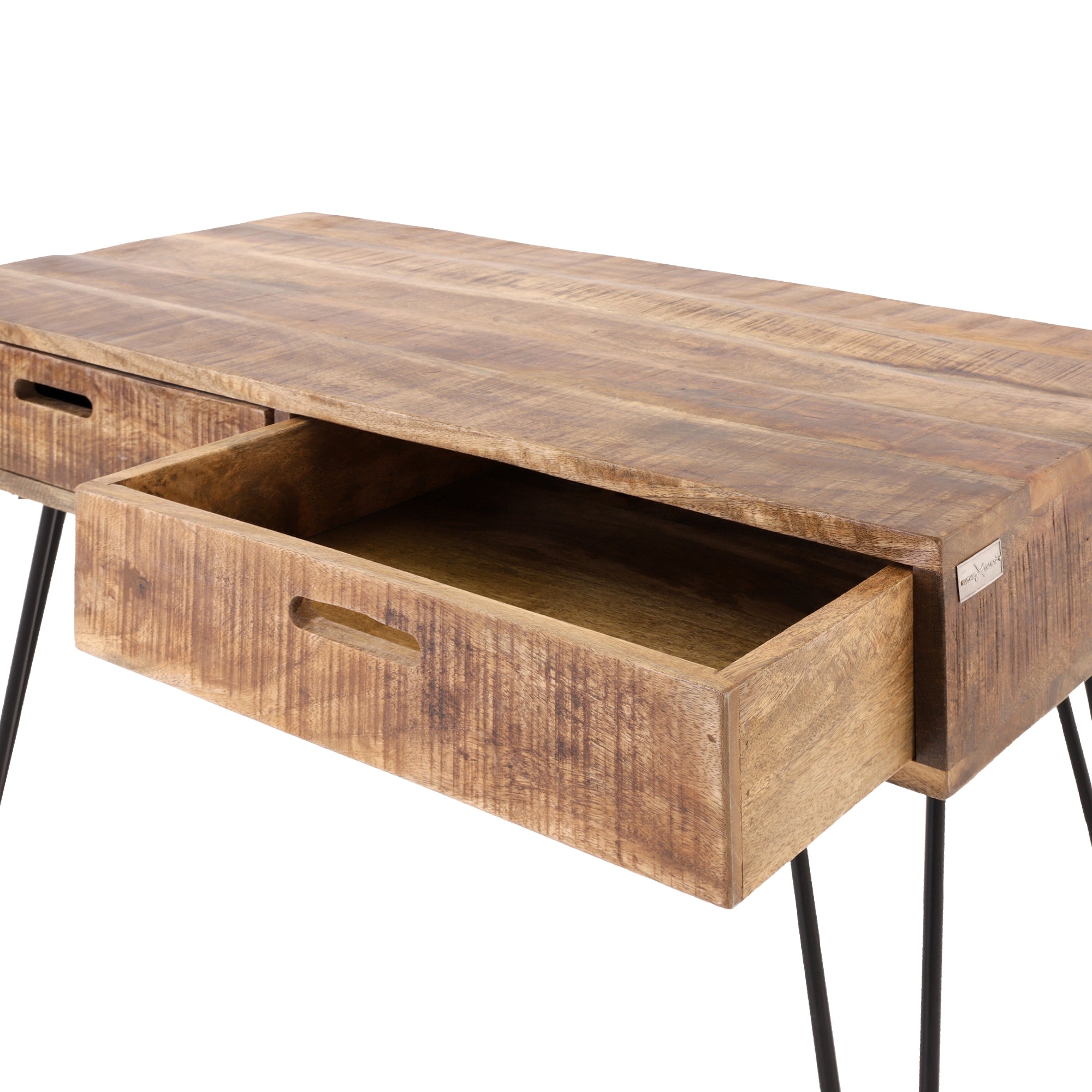 Mesa de madera con dos cajones, de madera con patas de metal.
