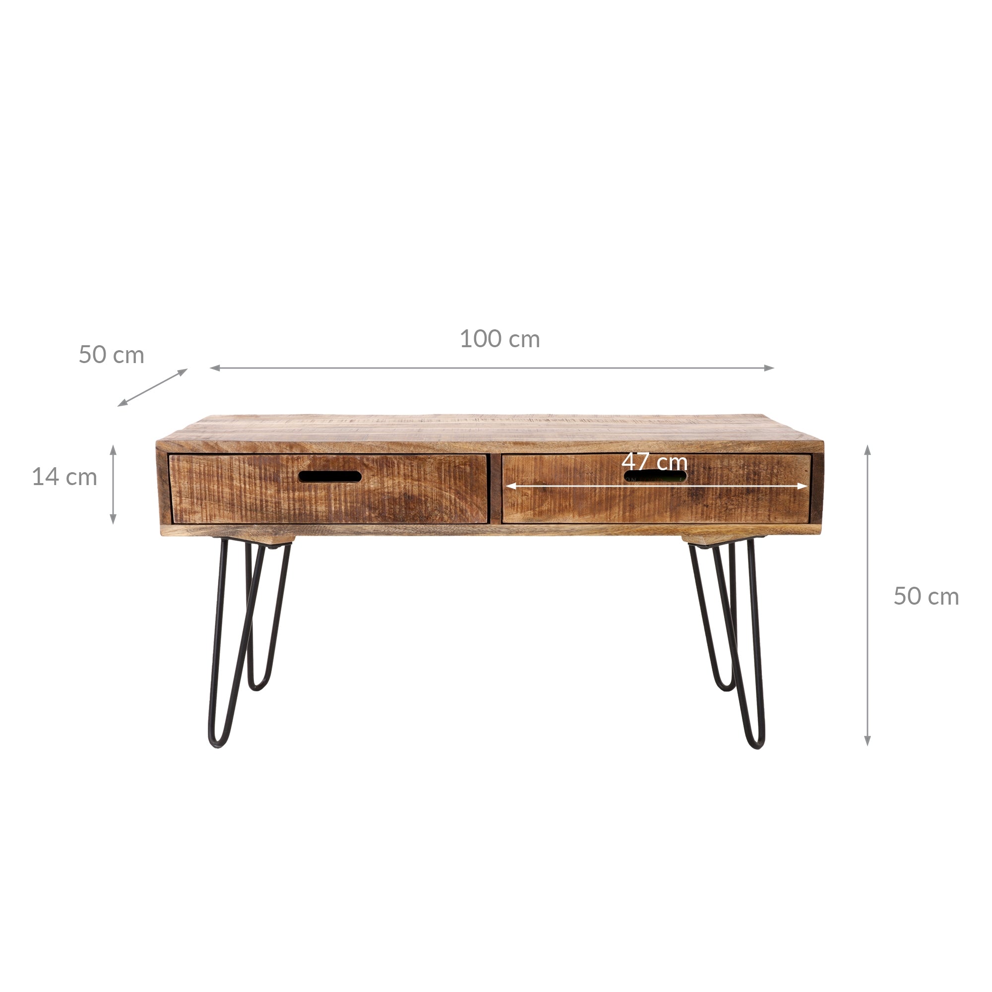 Mesa de madera con dos cajones y medidas.
