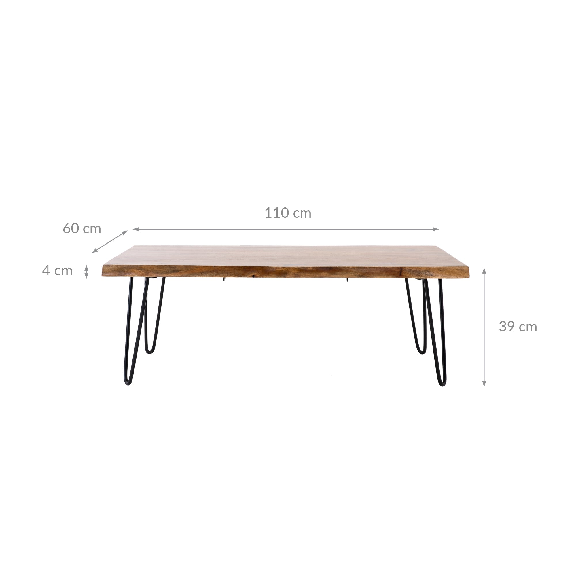 Tavolo in legno con gambe in metallo, misure: 110 cm x 60 cm x 39 cm.