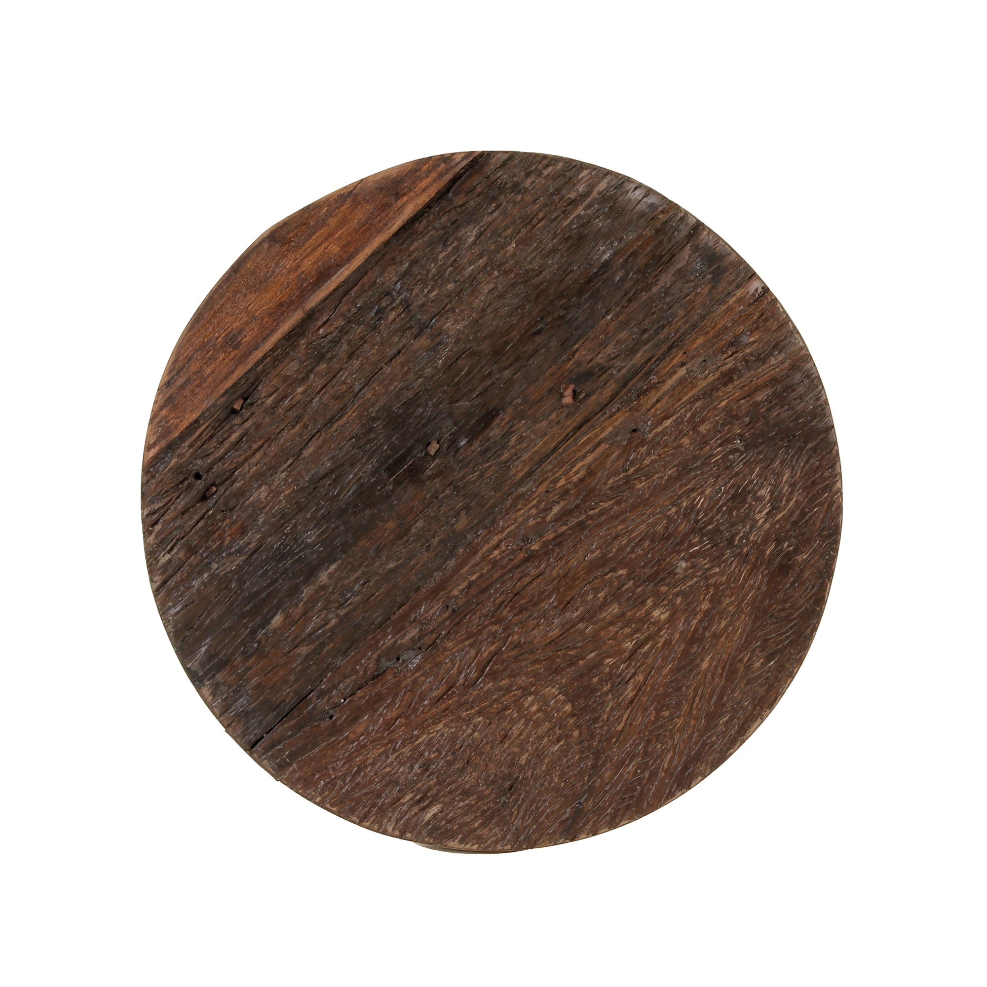 Plateau en bois rond avec différentes nuances de brun et veinage.