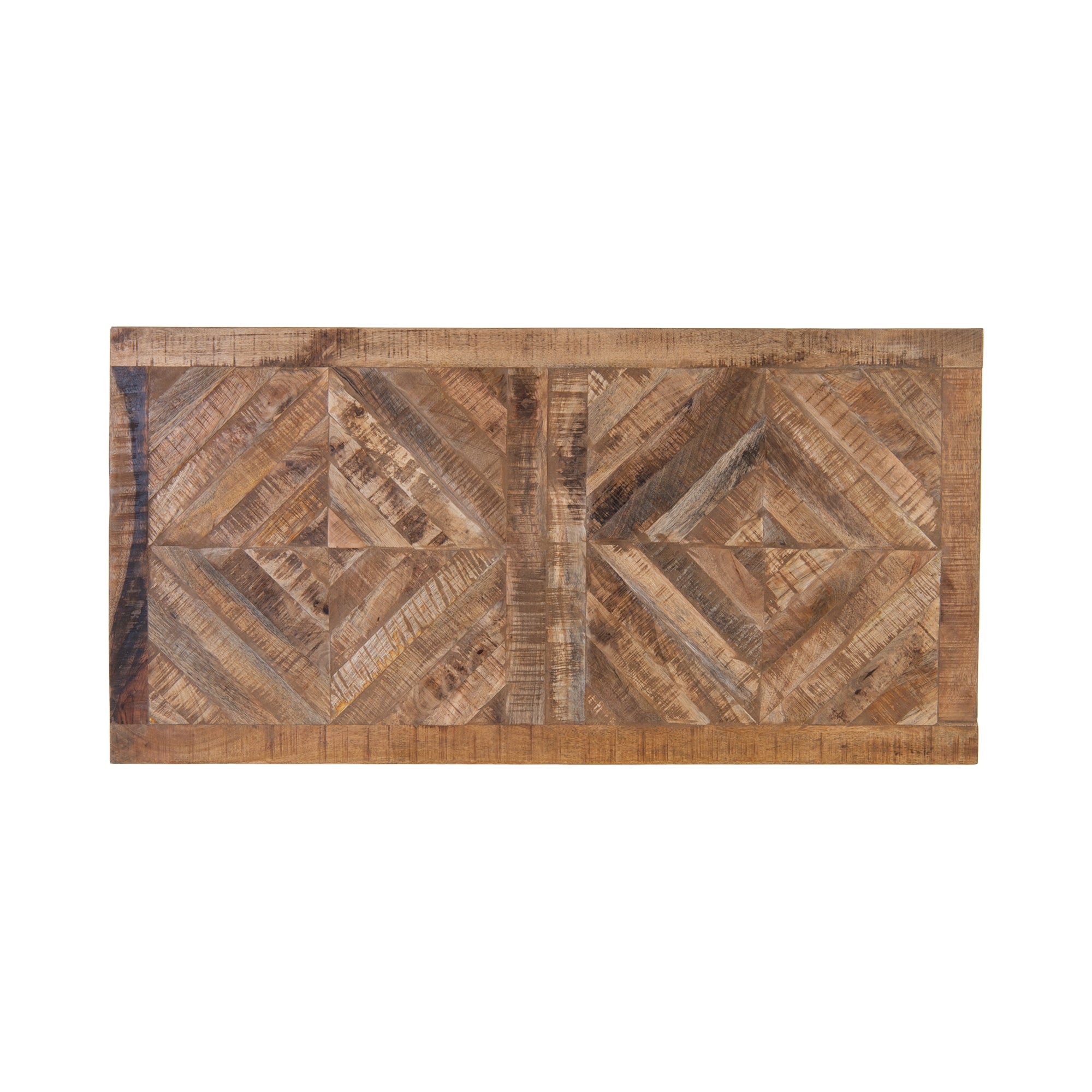 Tavolo in legno con motivo geometrico in tonalità chiare.