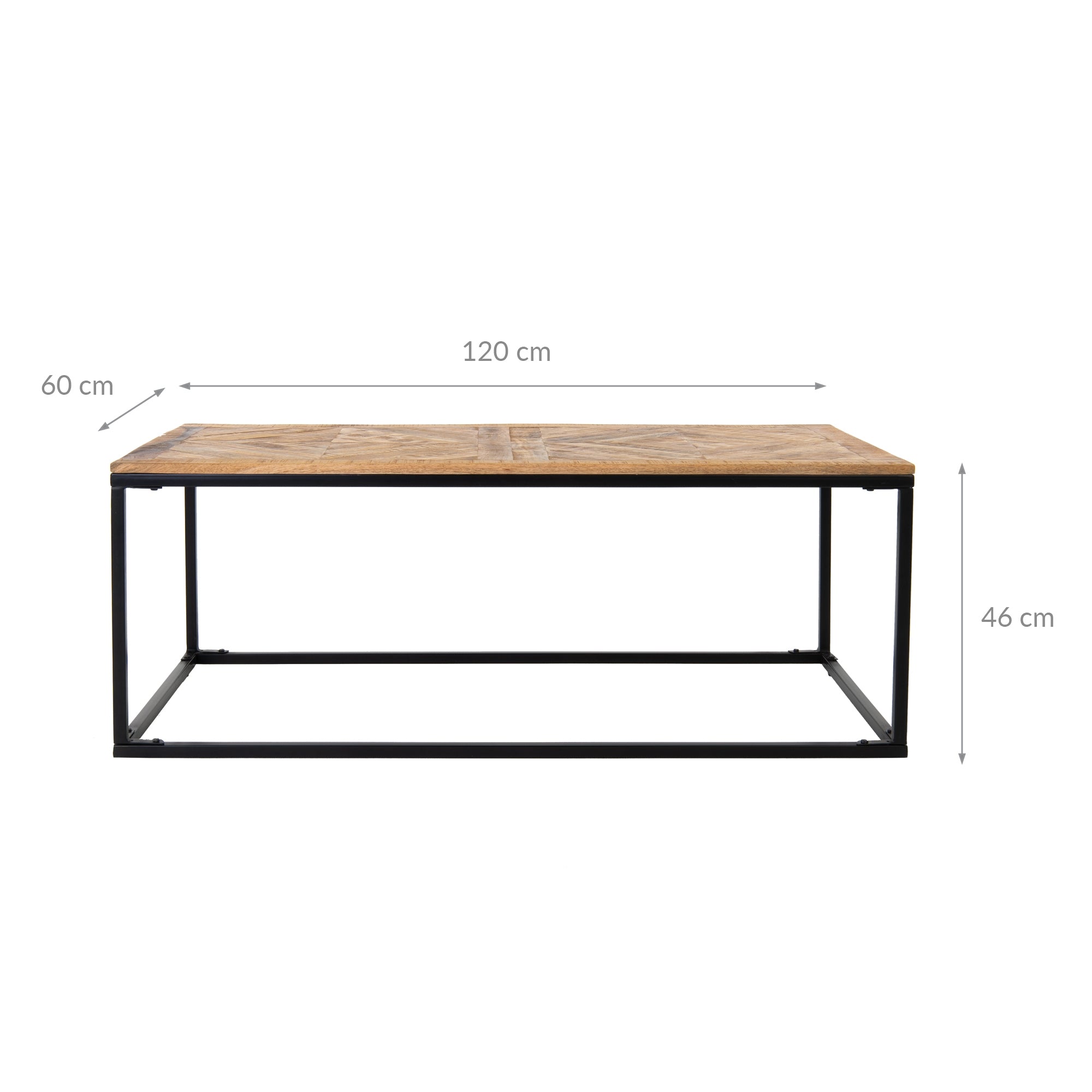 Tavolo rettangolare con piano in legno, dimensioni: 120 cm x 60 cm x 46 cm.