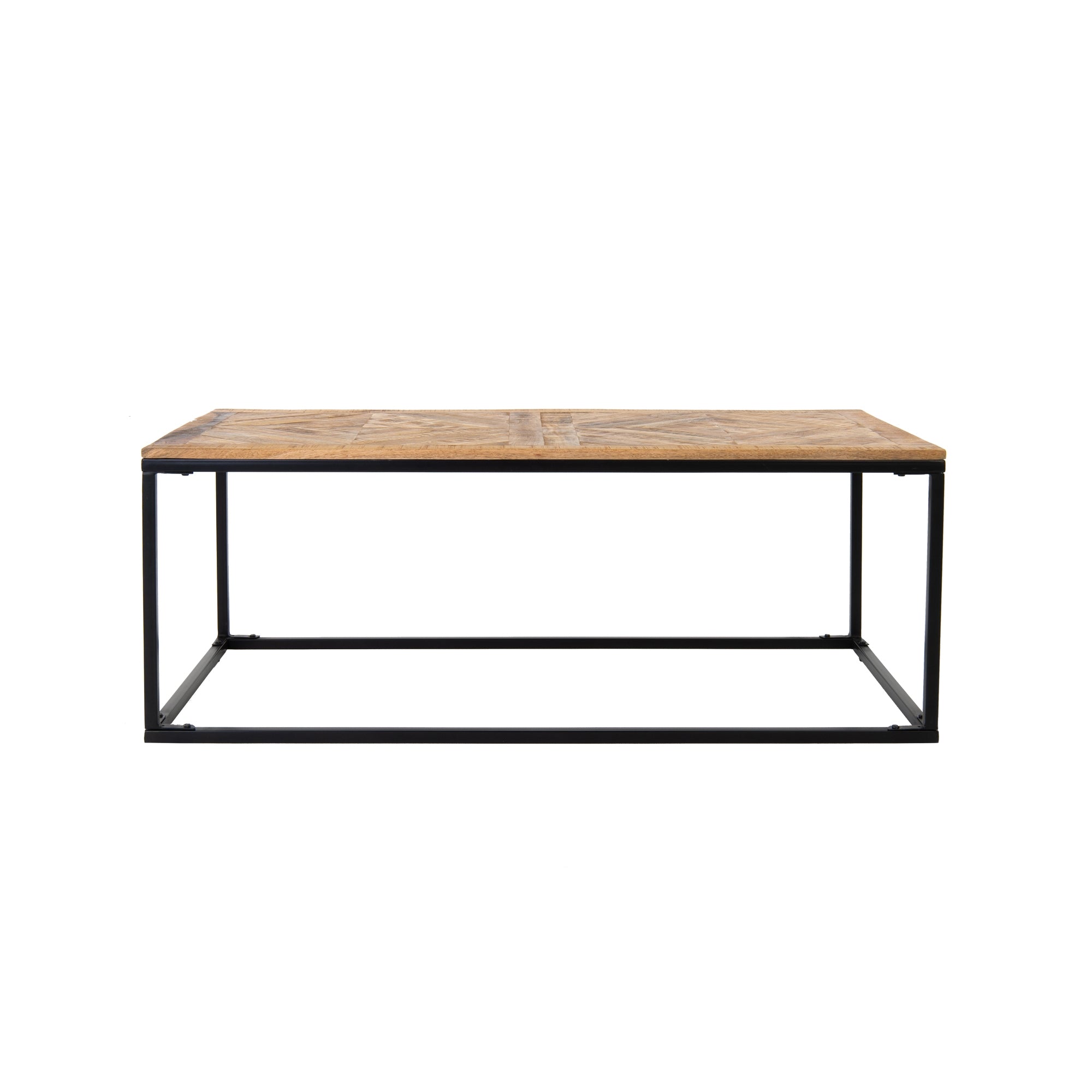 Tavolo rettangolare con piano in legno e struttura in metallo nero.