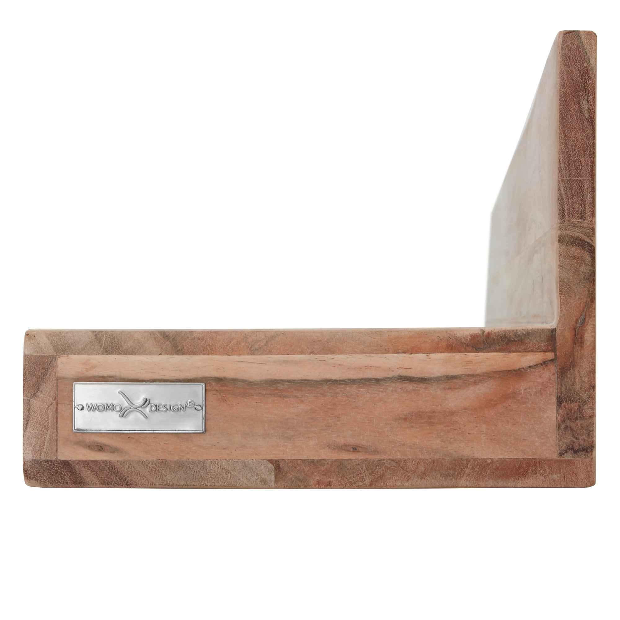 Zijaanzicht van een houten plank met een metalen plaatje.