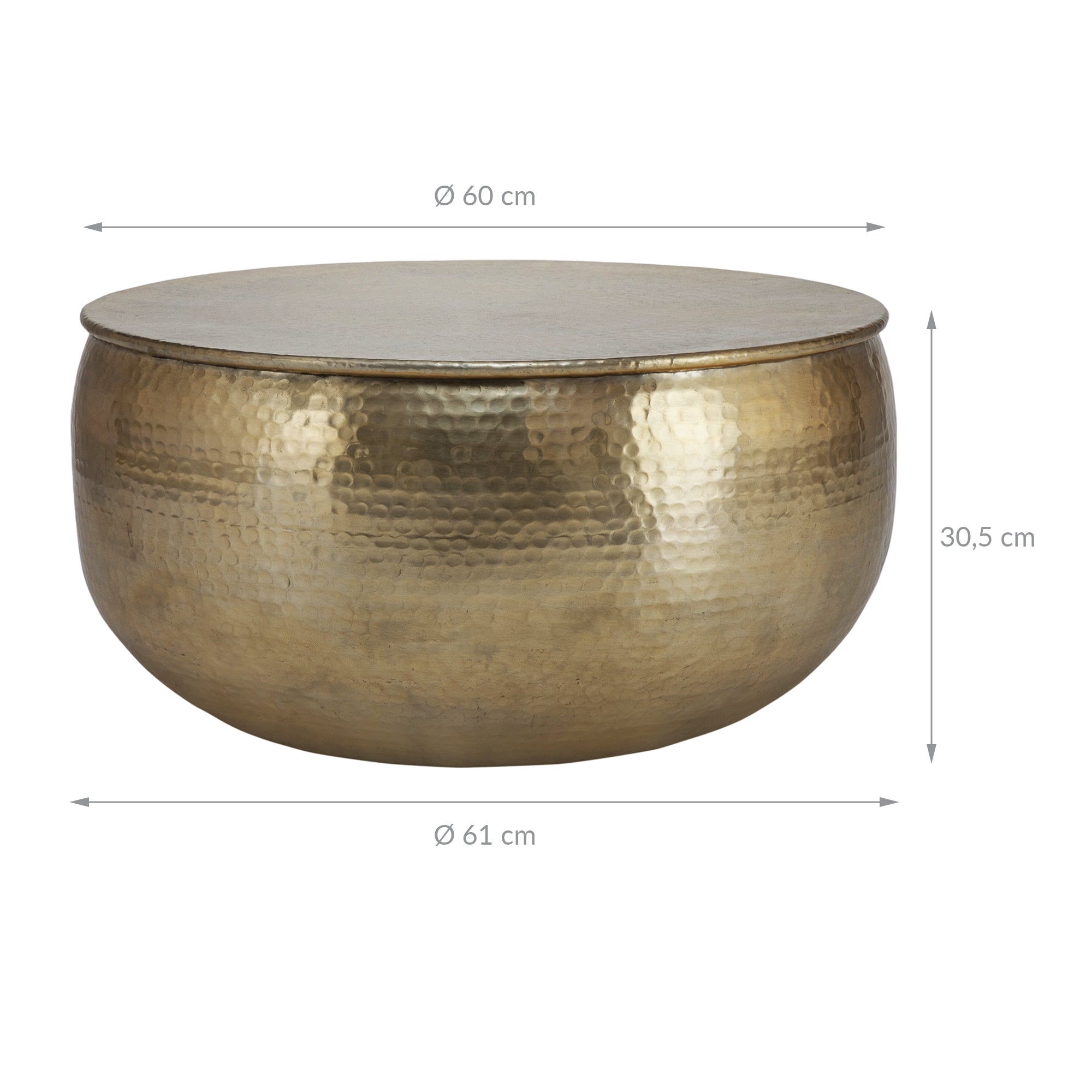 Runder, goldfarbener Tisch mit genoppter Oberfläche, Durchmesser 60 cm, Höhe 30,5 cm.