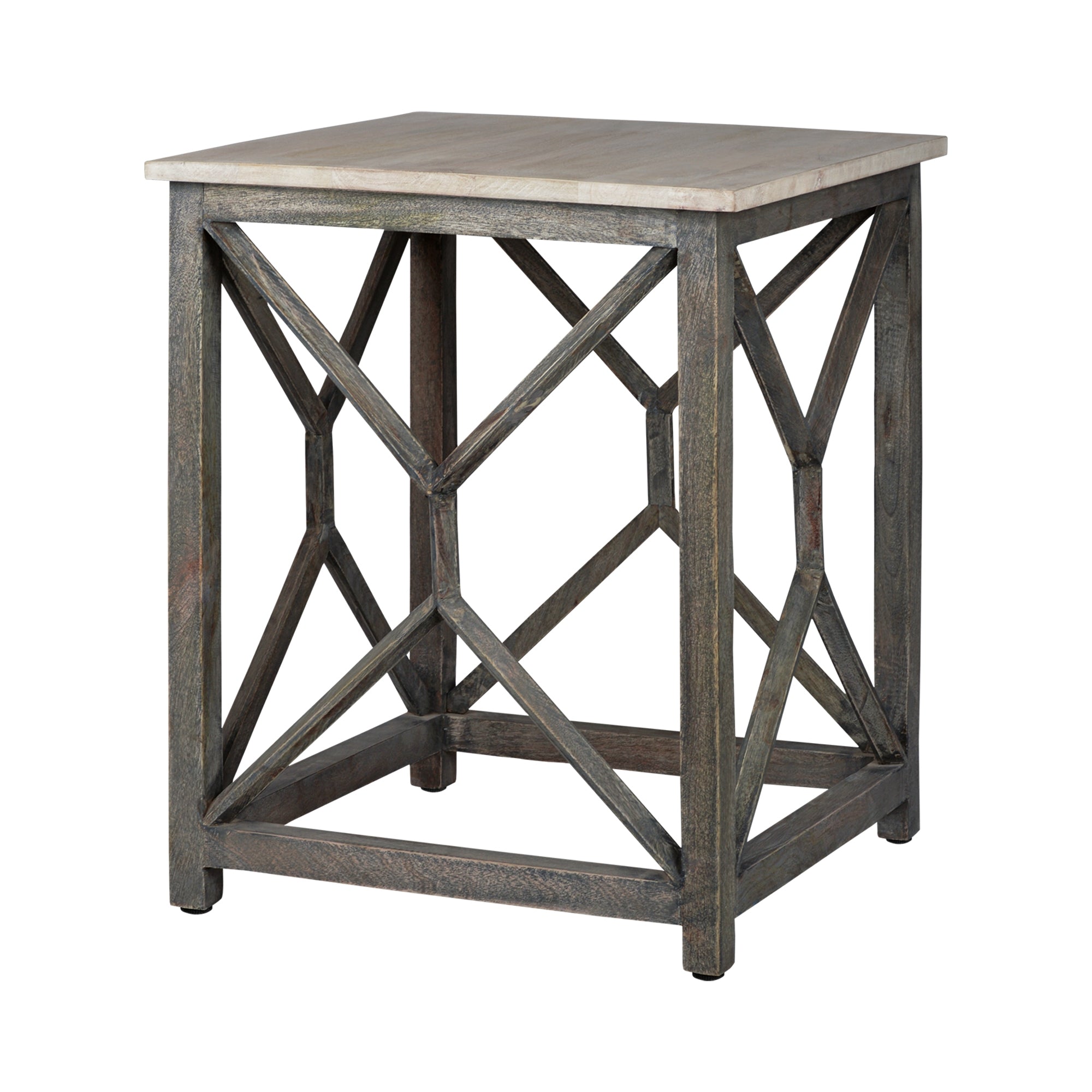 Et kvadratisk bord med en træoverflade og et geometrisk metalstel.