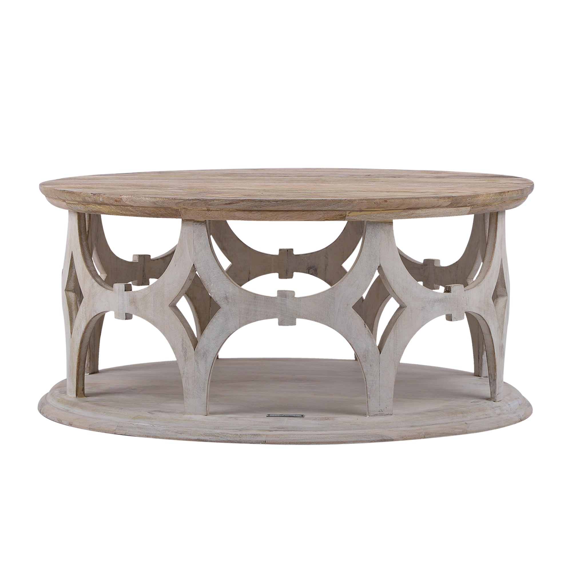 Round coffee table with wooden top and decorative light frame.