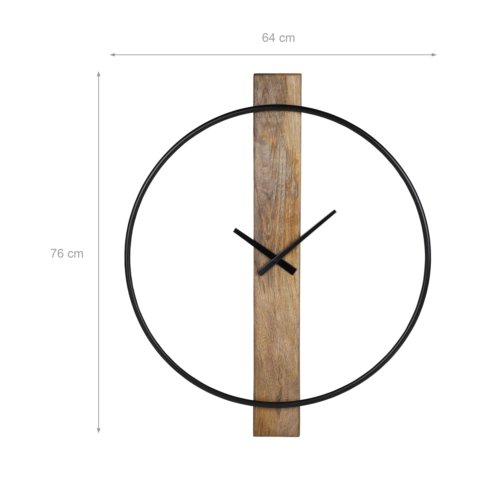 Zegar ścienny z drewnianą i czarną metalową ramą, średnica 64 cm, wysokość 76 cm.