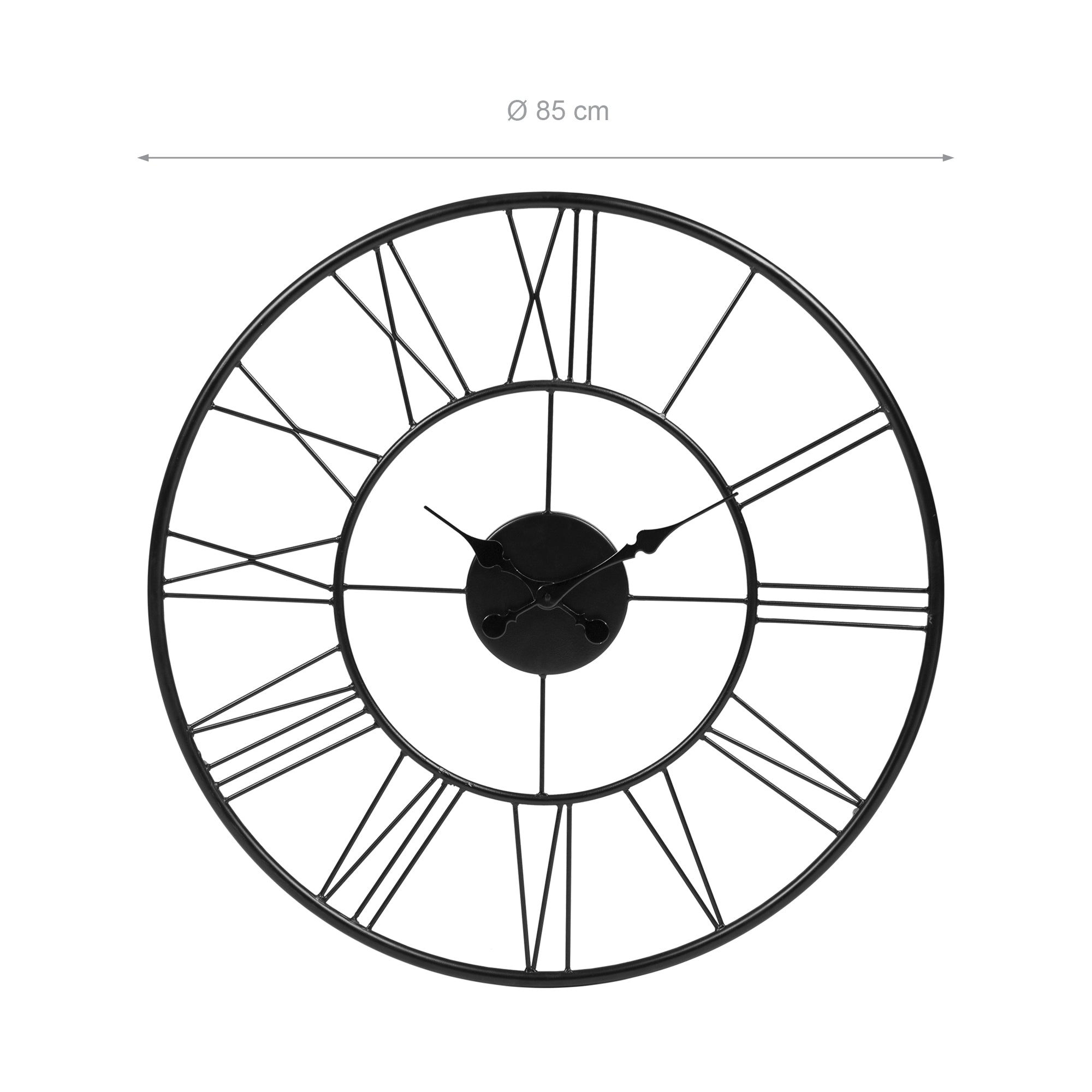 Schwarz-weiße Wanduhr mit Maßangabe von 85 cm Durchmesser.