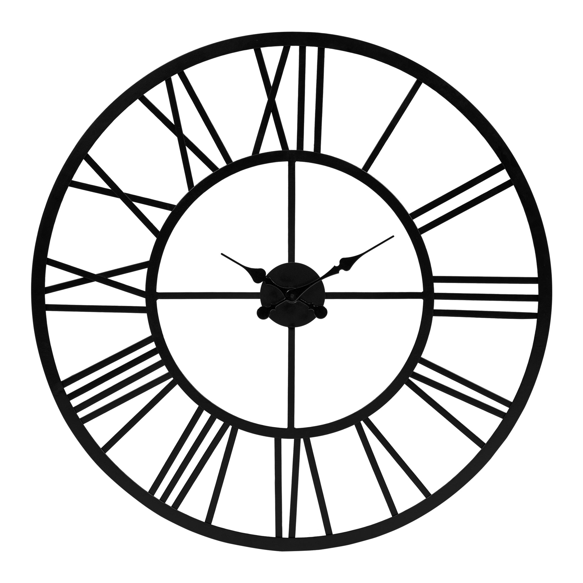 Wanduhr mit römischen Ziffern und schwarzem Gehäuse.