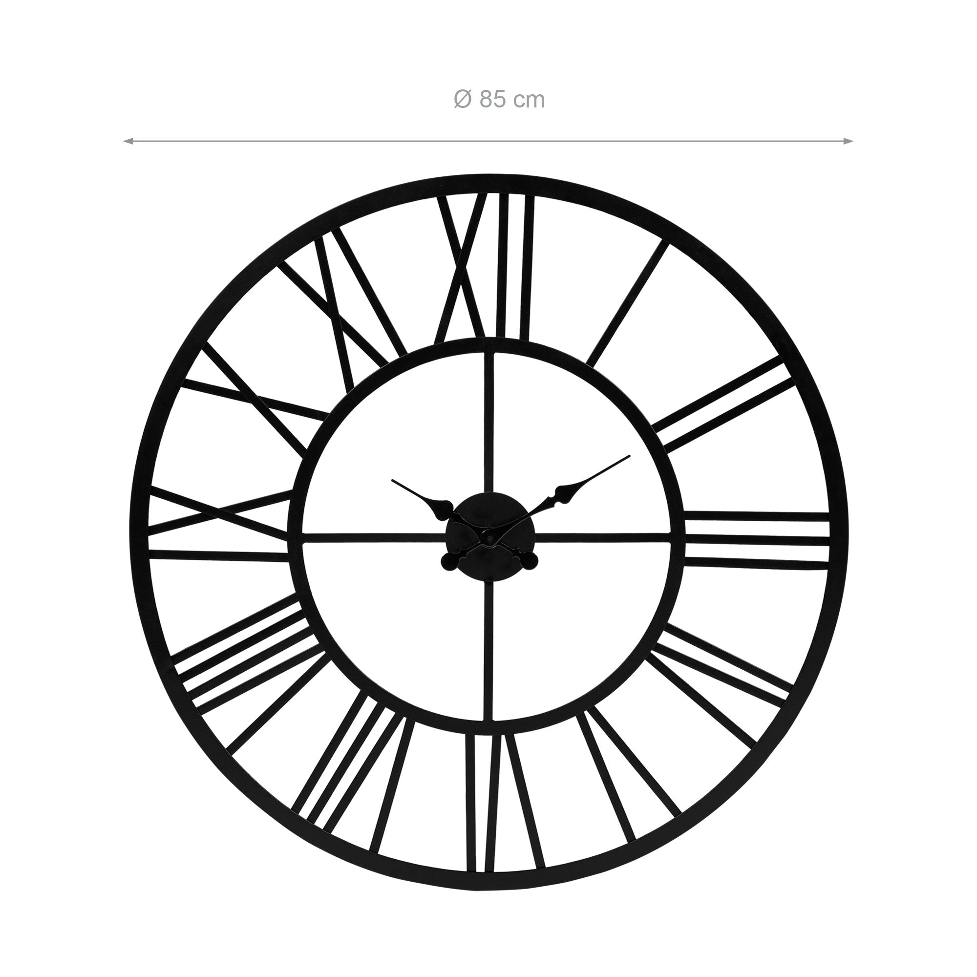 Wanduhr mit einem Durchmesser von 85 cm und römischen Ziffern.