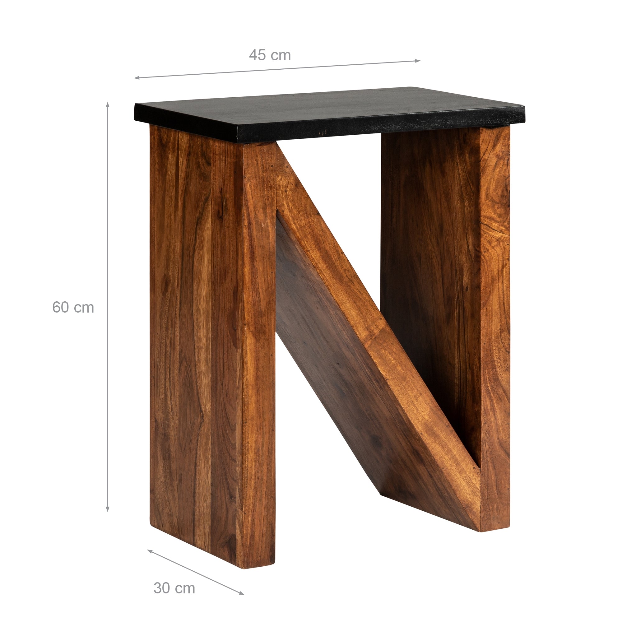 Mesa de madera con estructura en forma de N, 45 cm de ancho, 60 cm de alto.