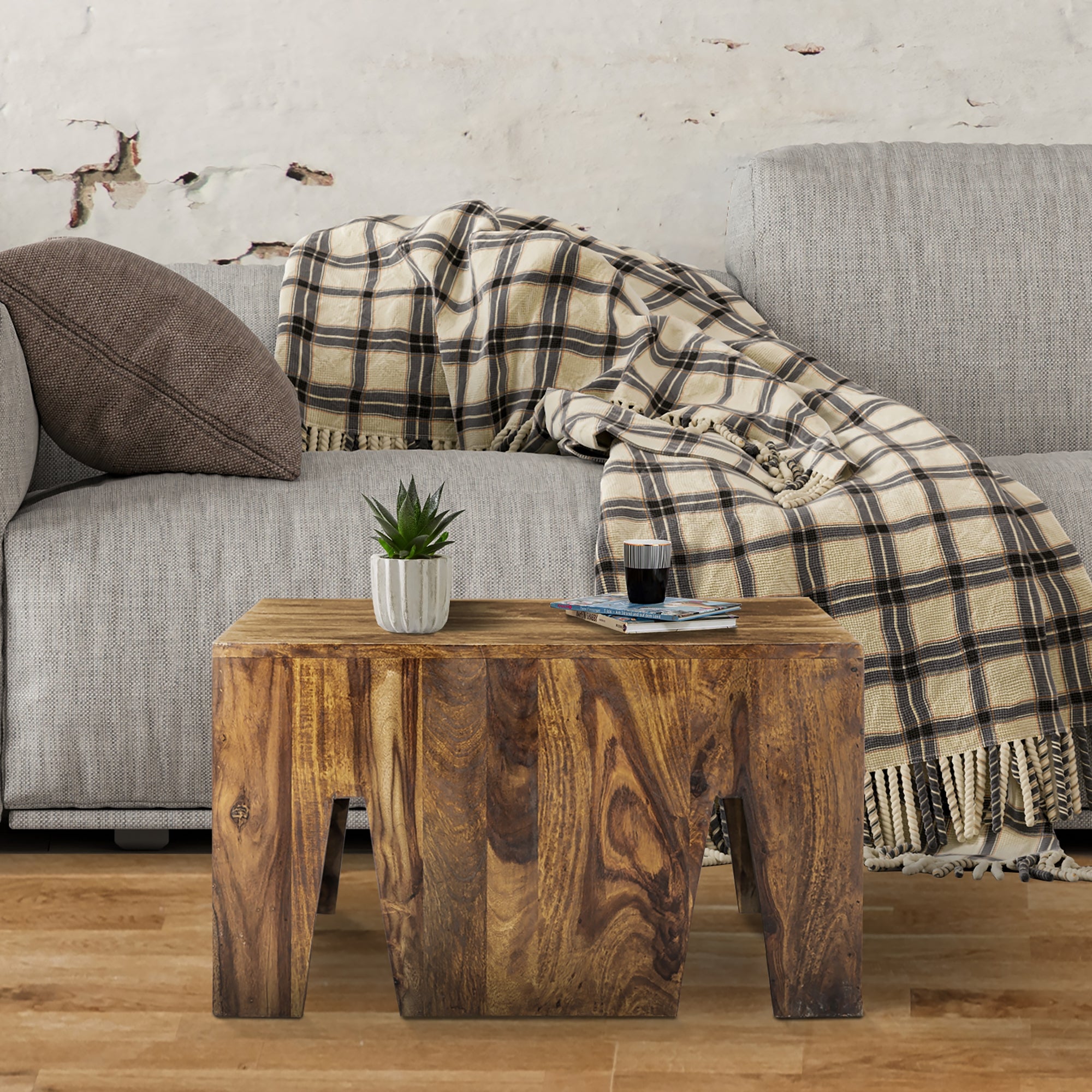 Mesa de madera con una planta y un vaso sobre un sofá con una manta.