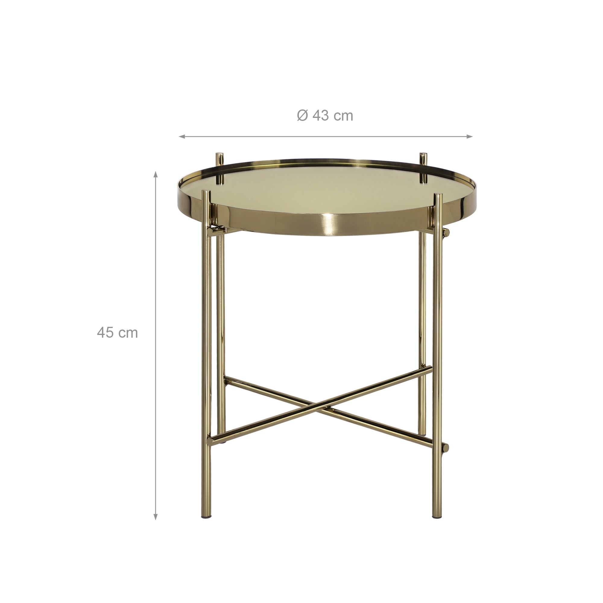 Runder Tisch mit einem Durchmesser von 43 cm und einer Höhe von 45 cm.