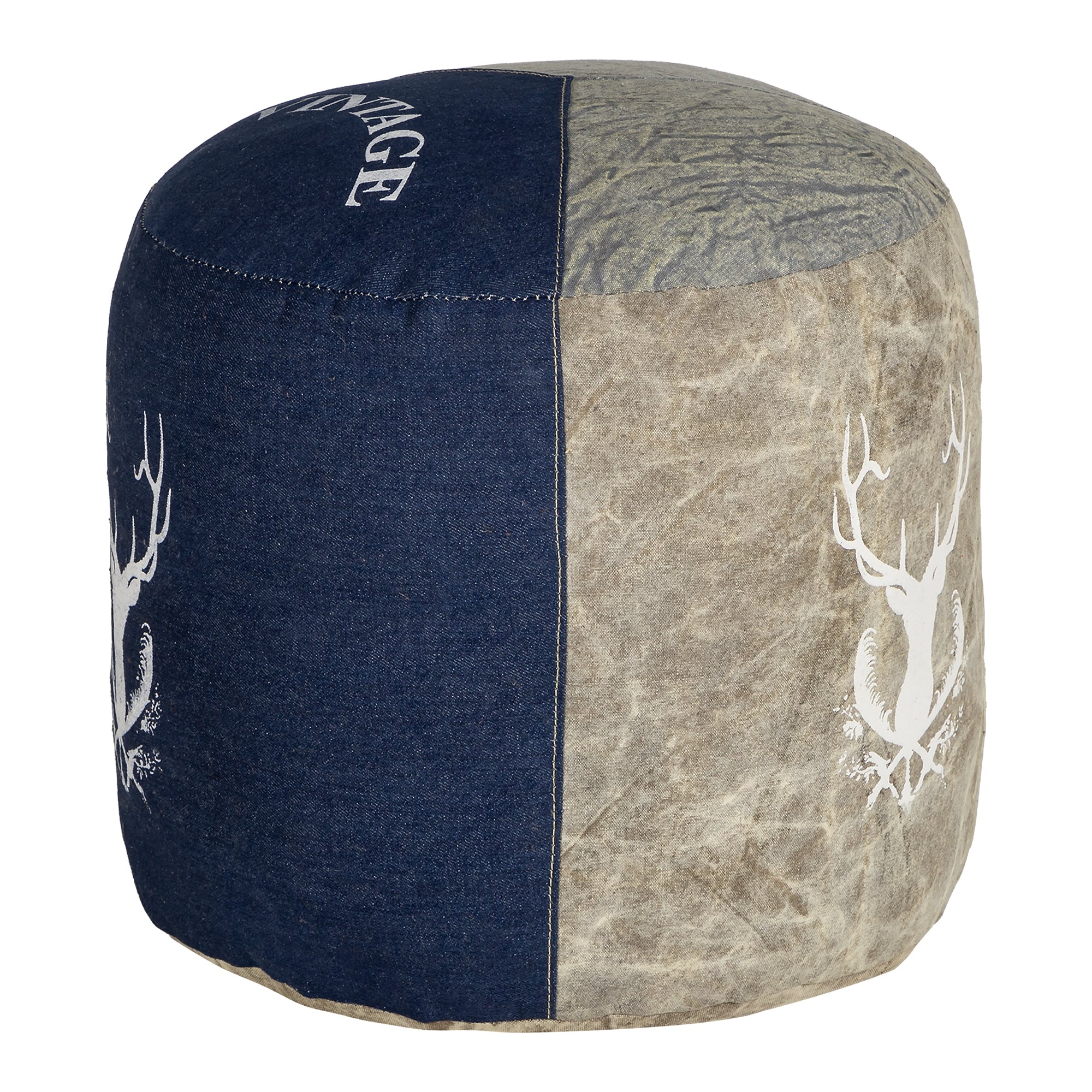 A round pouf in various fabrics with a deer motif.