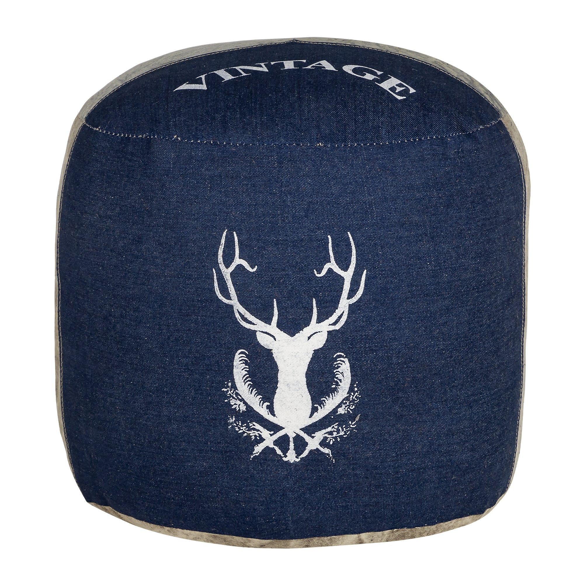 A round pouf made of denim fabric with a deer motif and the inscription 'VINTAGE'.