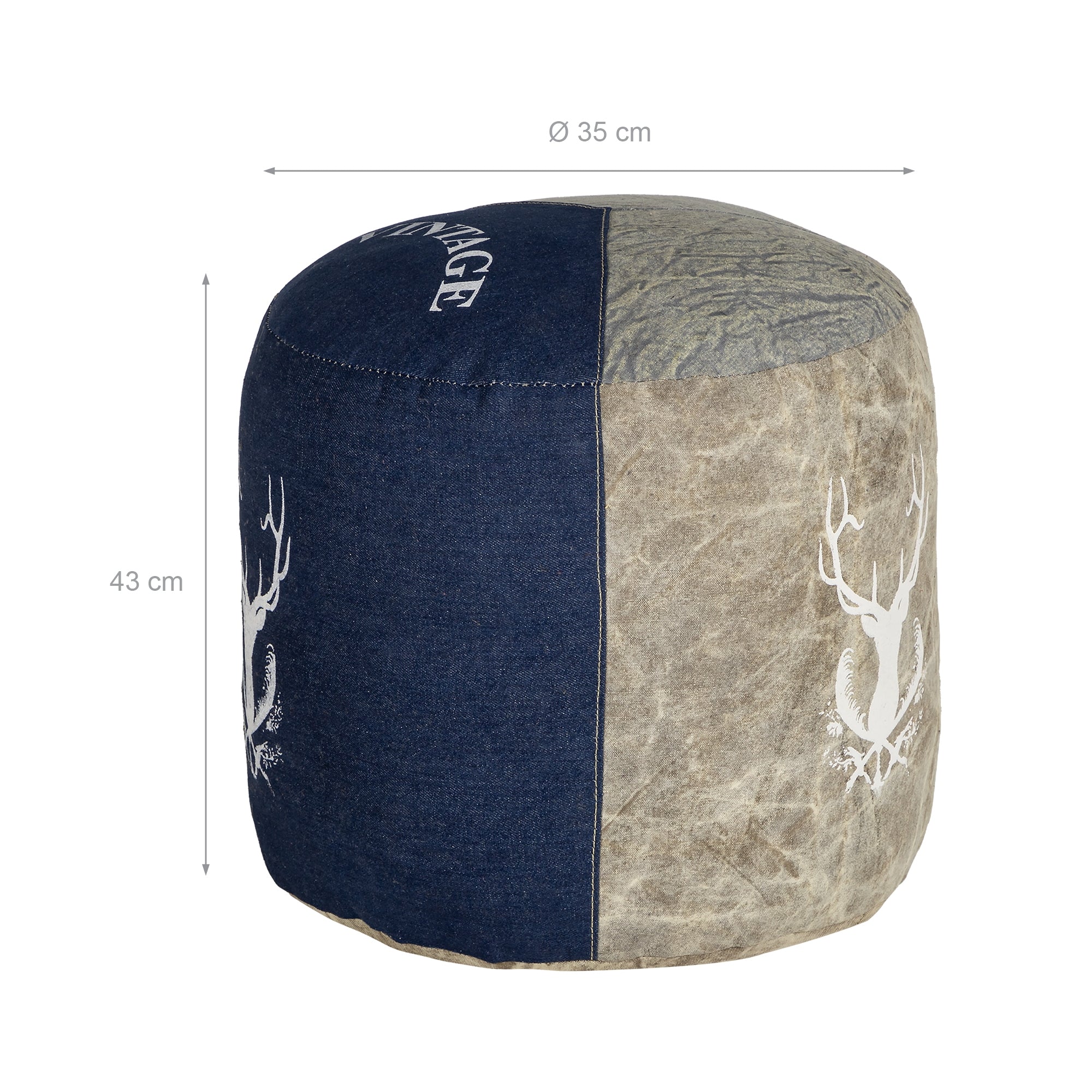 Un pouf rond en différents tissus, diamètre 35 cm, hauteur 43 cm.