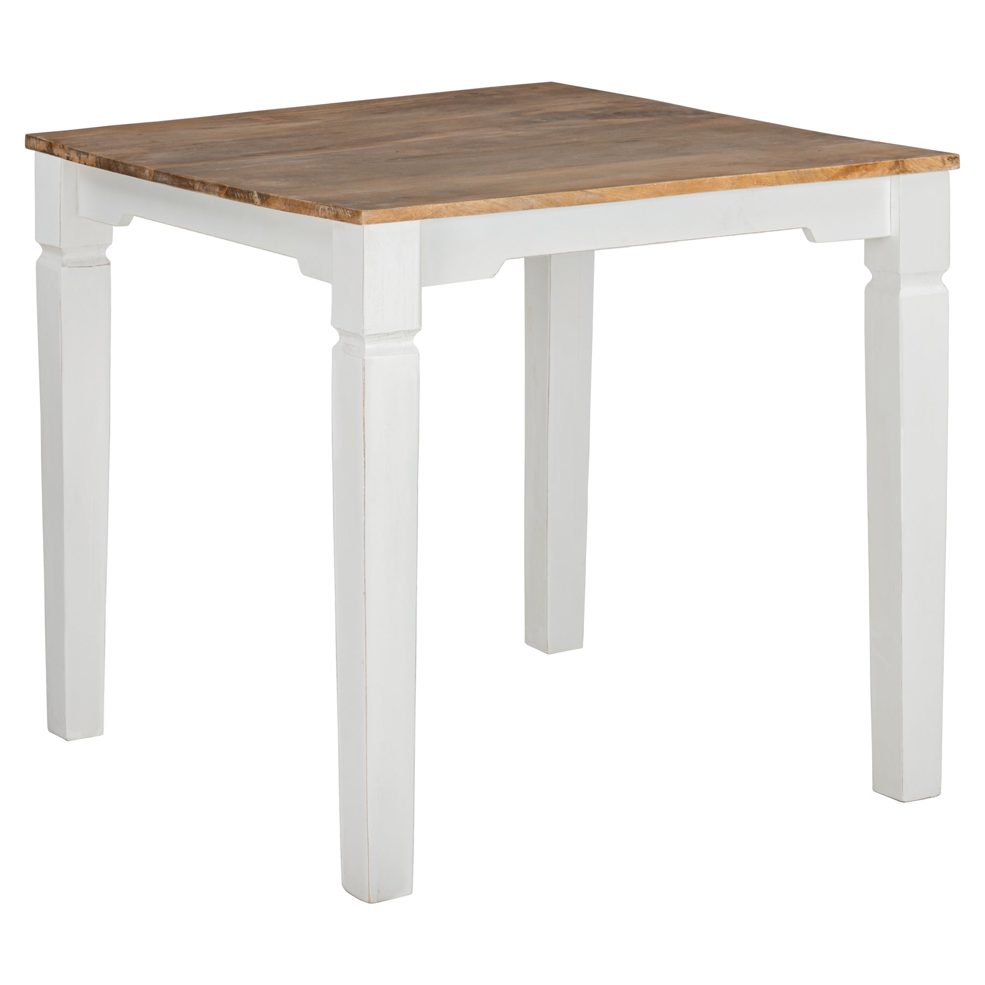 Een vierkante tafel met een houten blad en witte poten.
