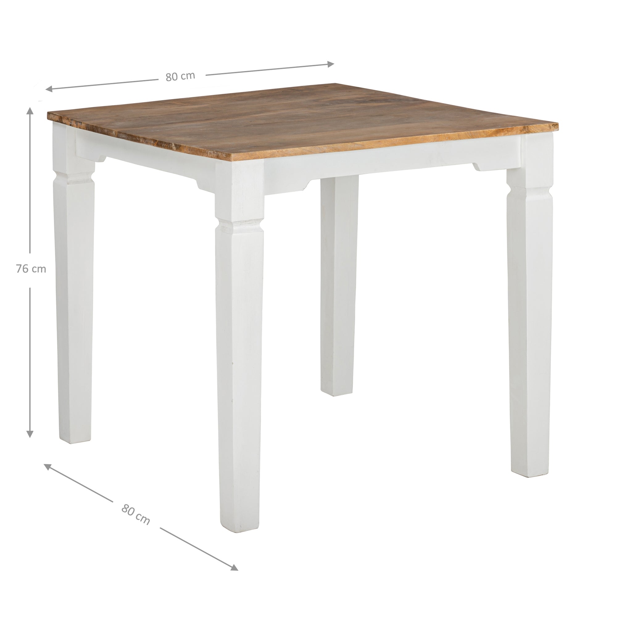 Tavolo in legno con quattro gambe, misure 80 cm x 76 cm.