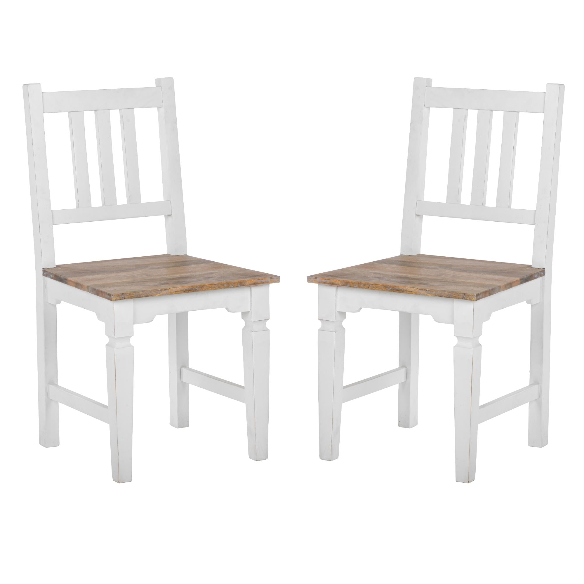 Due sedie bianche con seduta in legno, design classico.