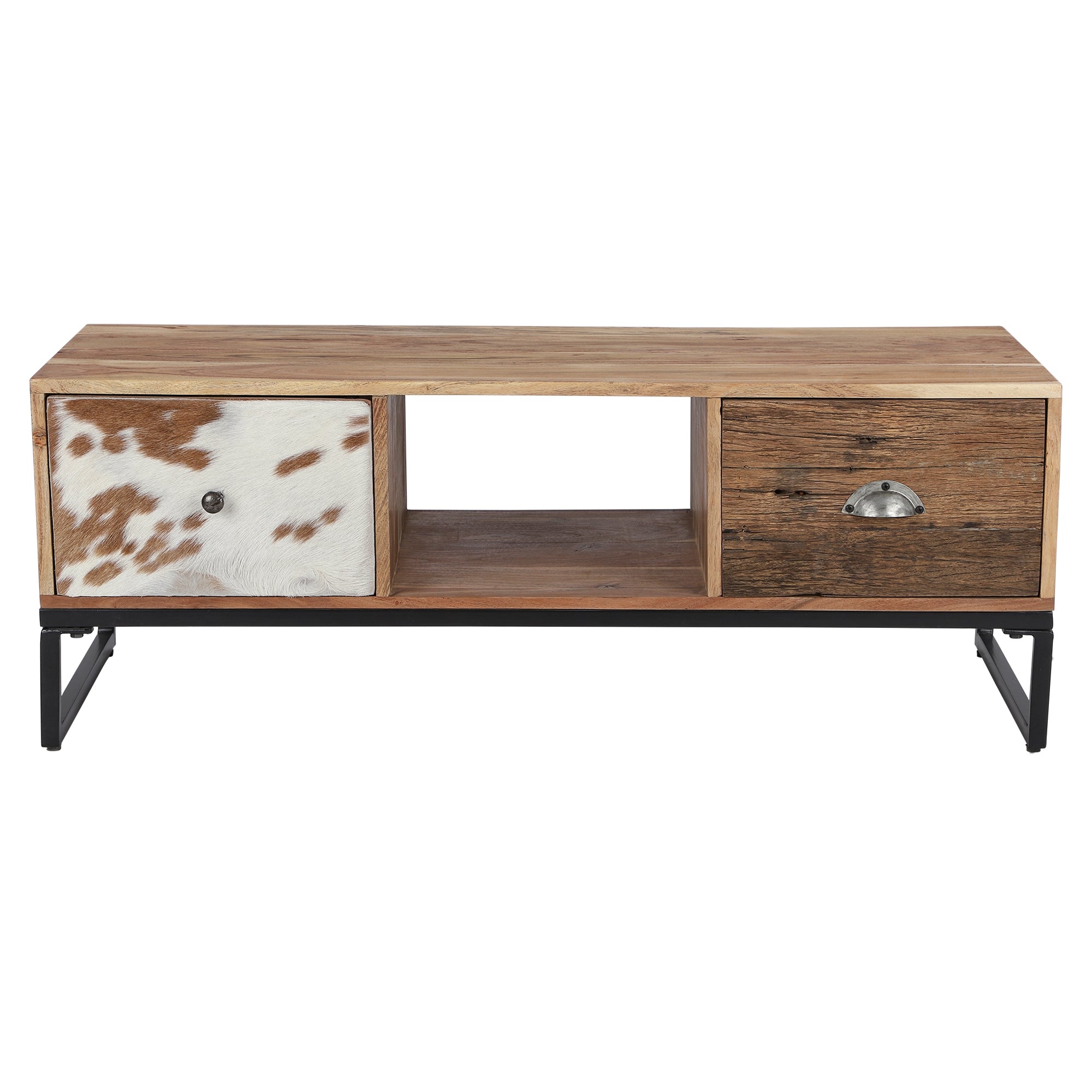 Houten tv-tafel met twee lades en open opbergruimte.