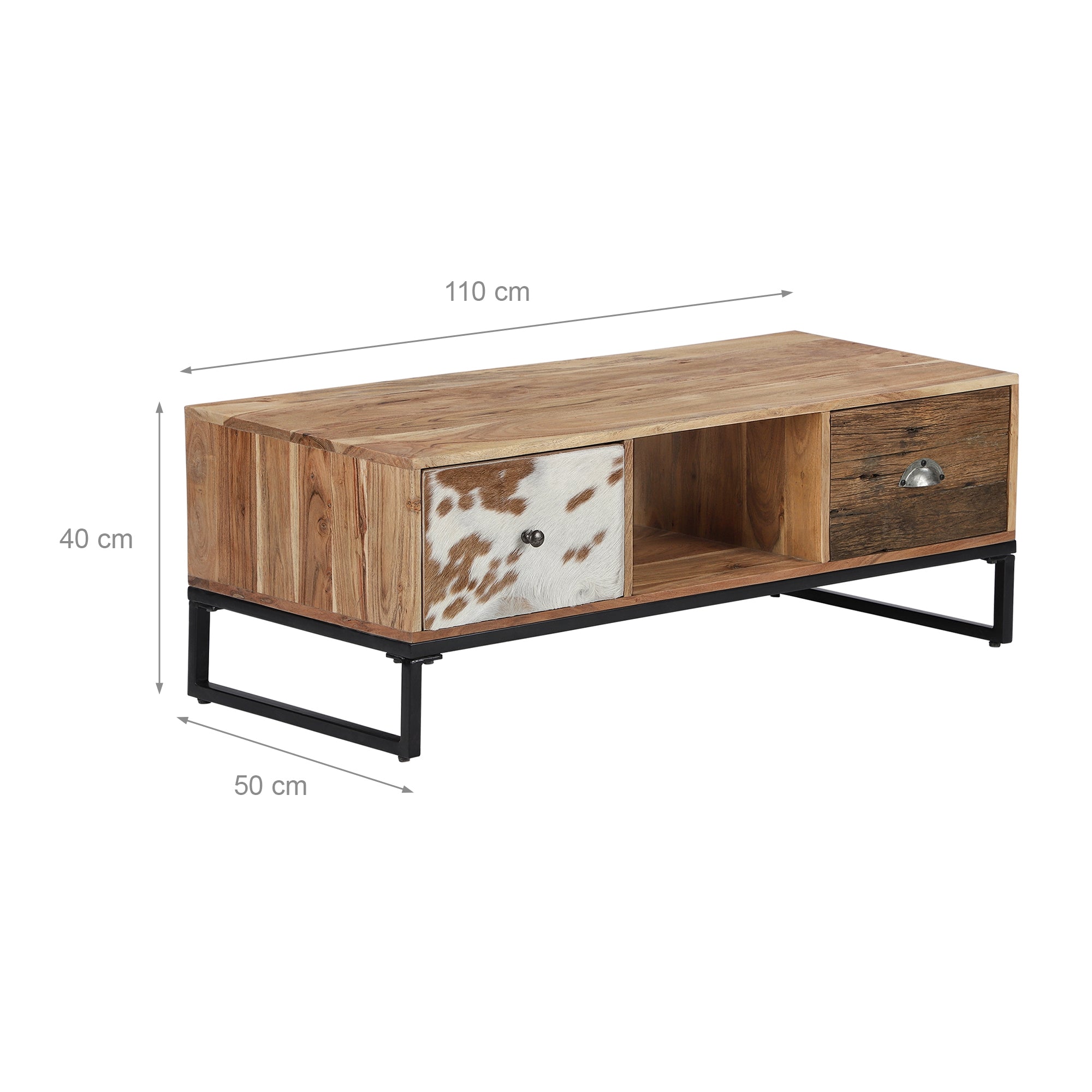 Houten tafel met lade en open vakken, afmetingen opgegeven.