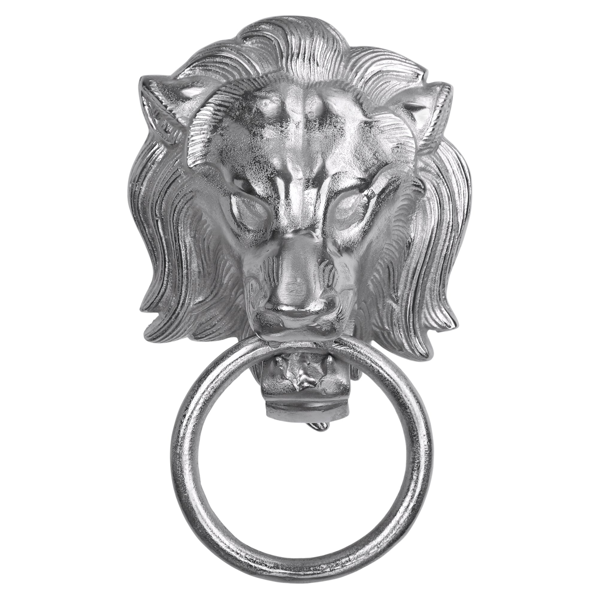 Knocker d'argento a forma di testa di leone con anello.