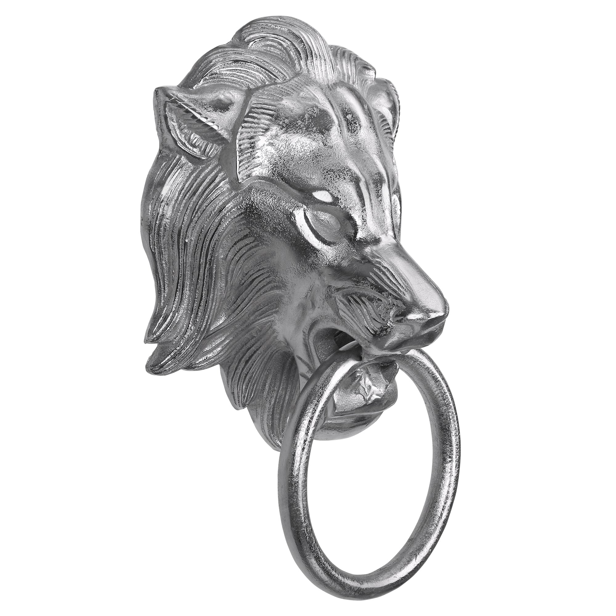 Knocker d'argento a forma di testa di leone con anello.