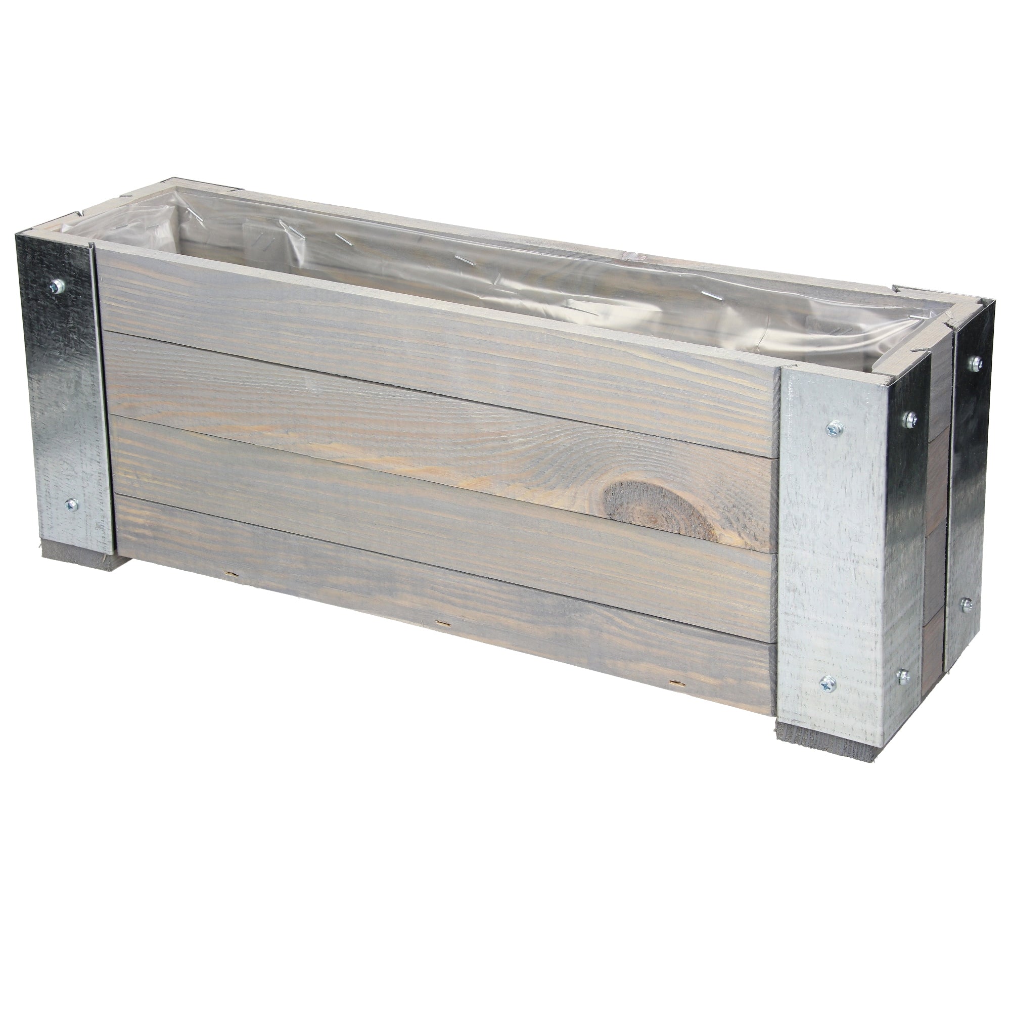 Wooden box with metal fittings, rectangular and elongated.