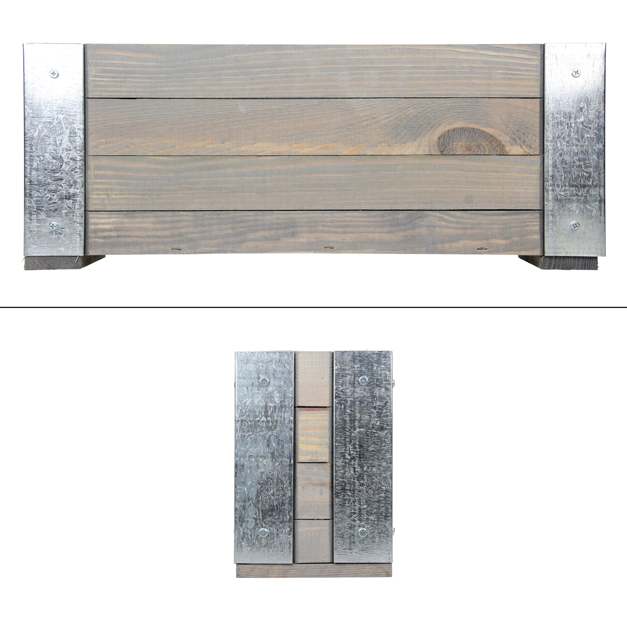 Wooden box with metal fittings, shown from the front and top.