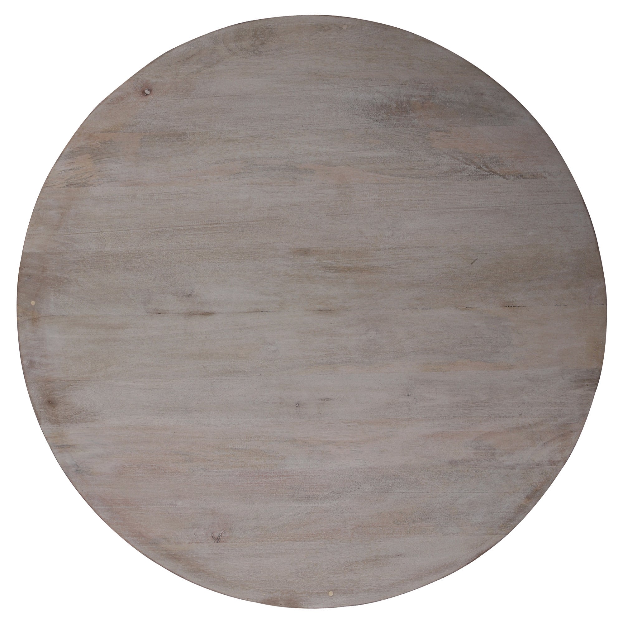 Mesa redonda con superficie de madera en tono gris.