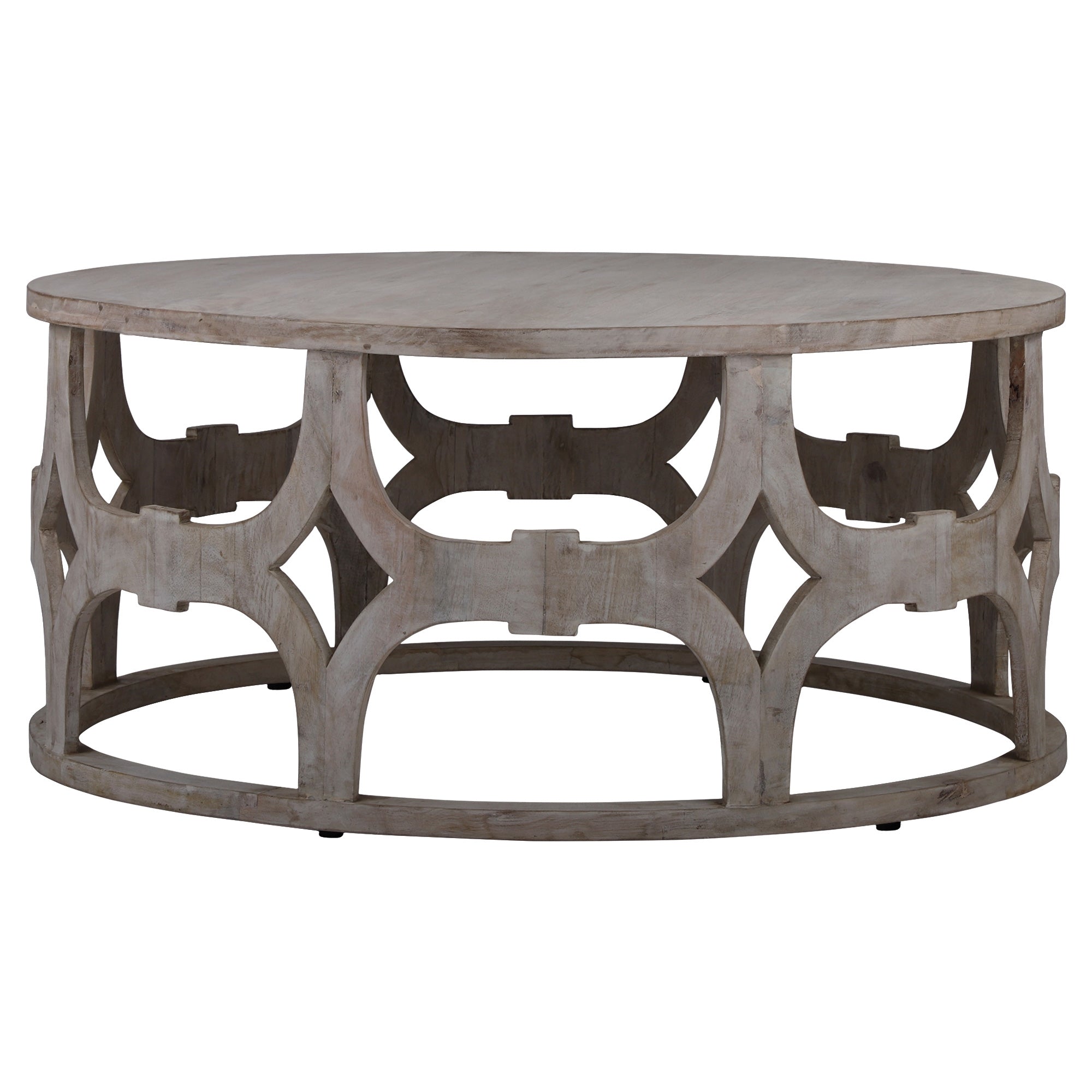 Mesa redonda de madera con diseño curvado y elementos abiertos.