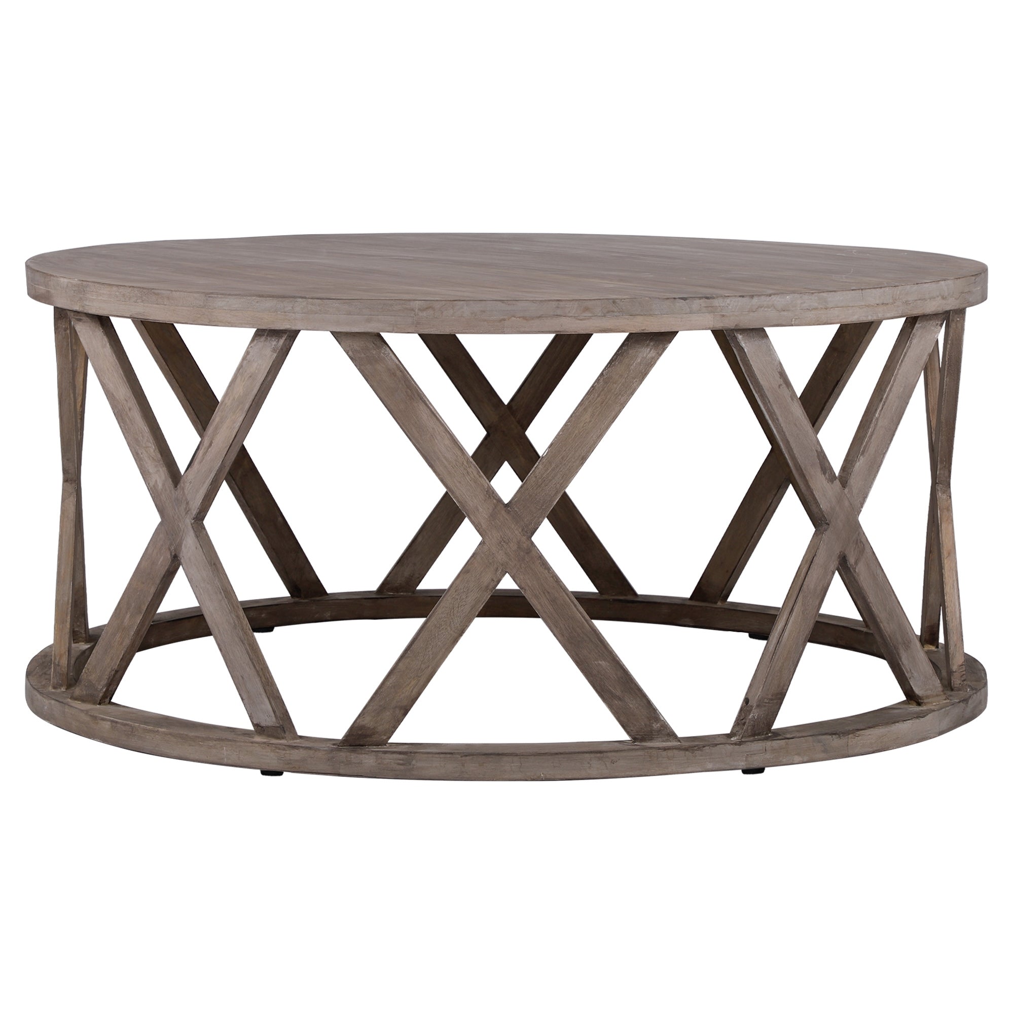 Mesa redonda de madera con patas en forma de X.