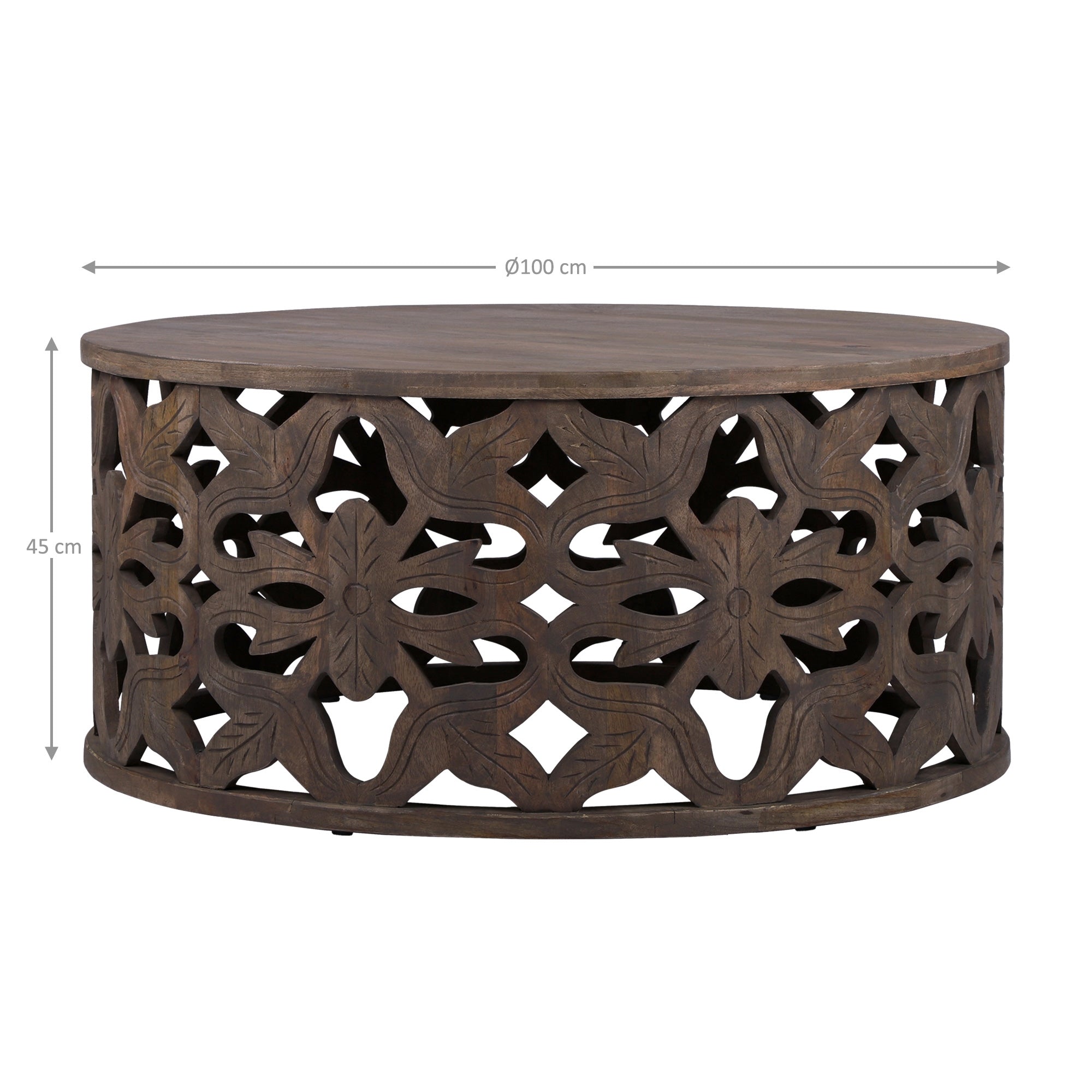 Mesa de madera redonda con patrón floral y medidas.