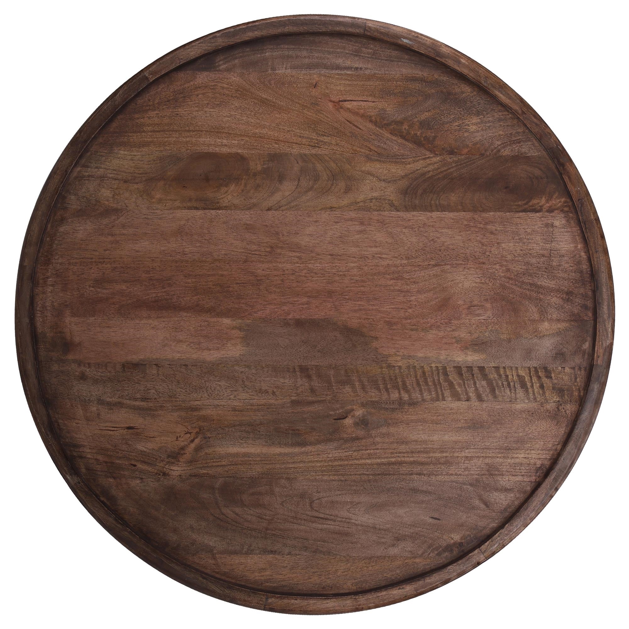 Ronde houten tafel met een gestructureerde oppervlakte, lichtbruin.