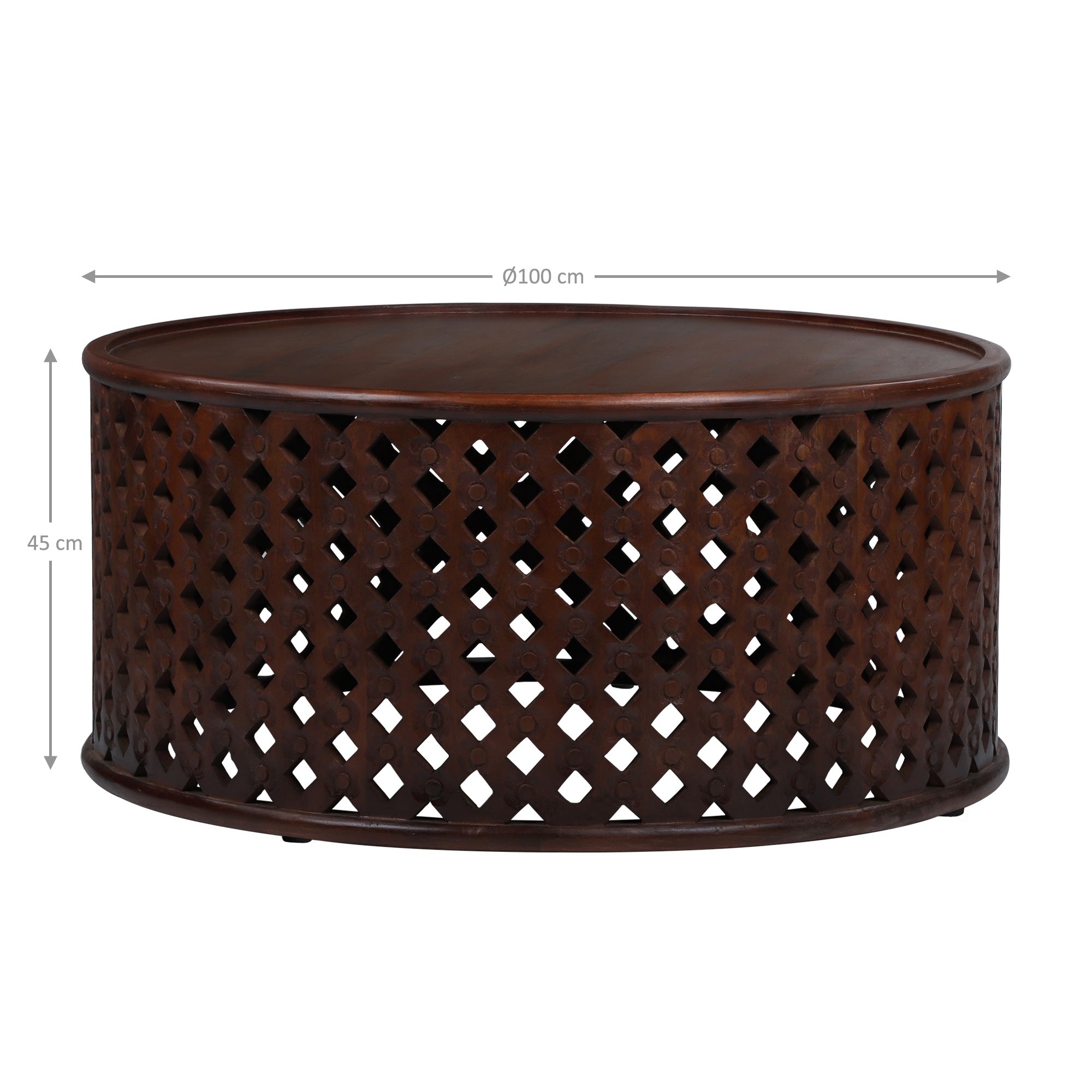 Mesa ovalada con un patrón de rejilla, diámetro de 100 cm, altura de 45 cm.