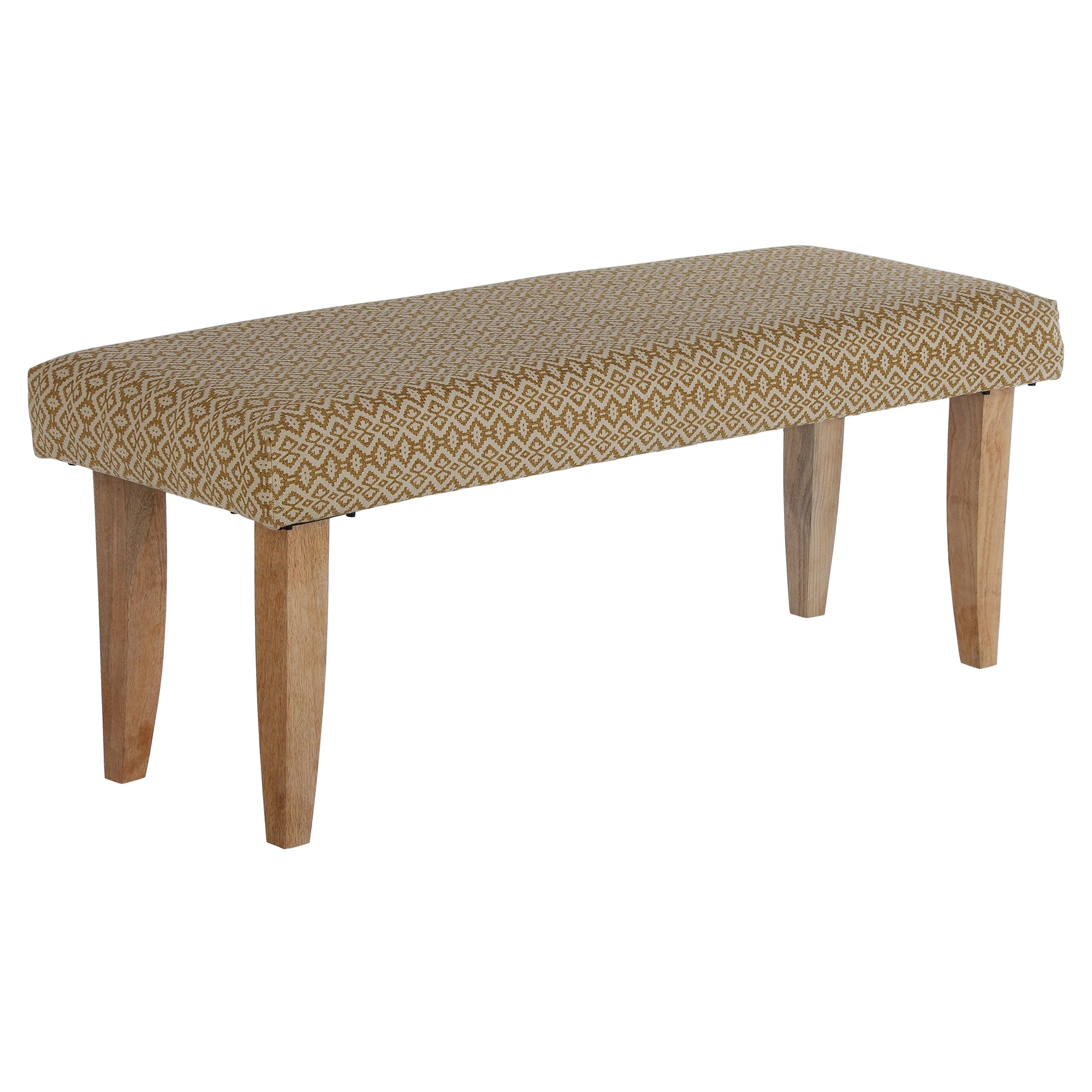 Langer, gepolsterter Hocker mit einem geometrischen Muster in Beige.
