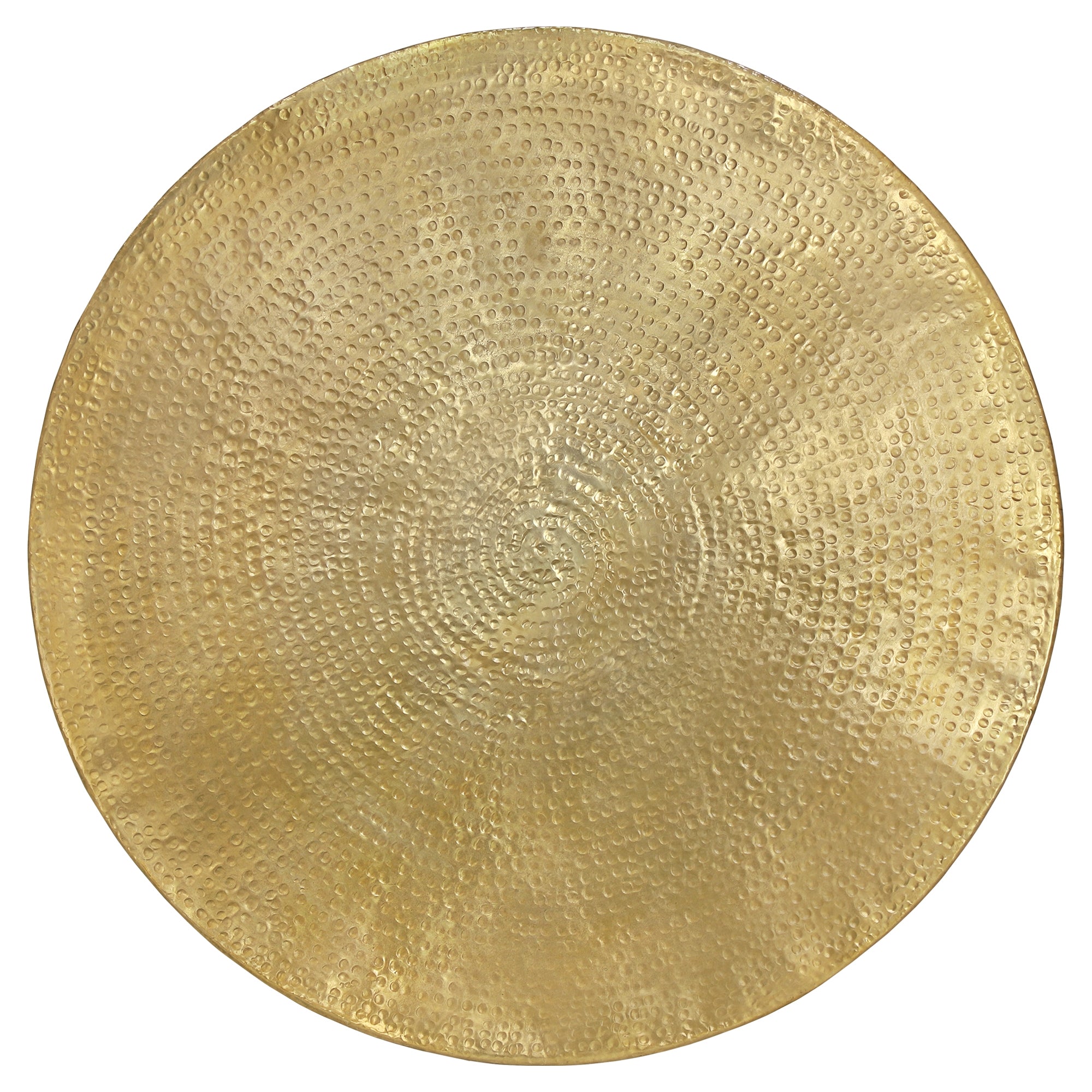 Runde goldene Platte mit gehämmerter Struktur.