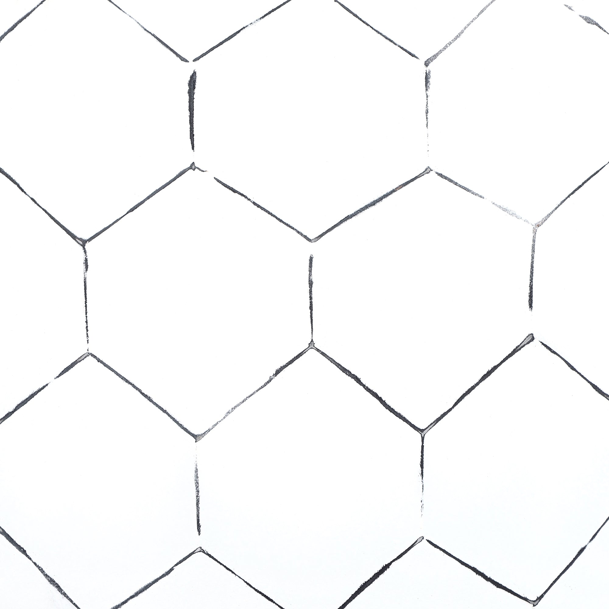 Bílý pozadí se skicovanými hexagonálními vzory v černé.