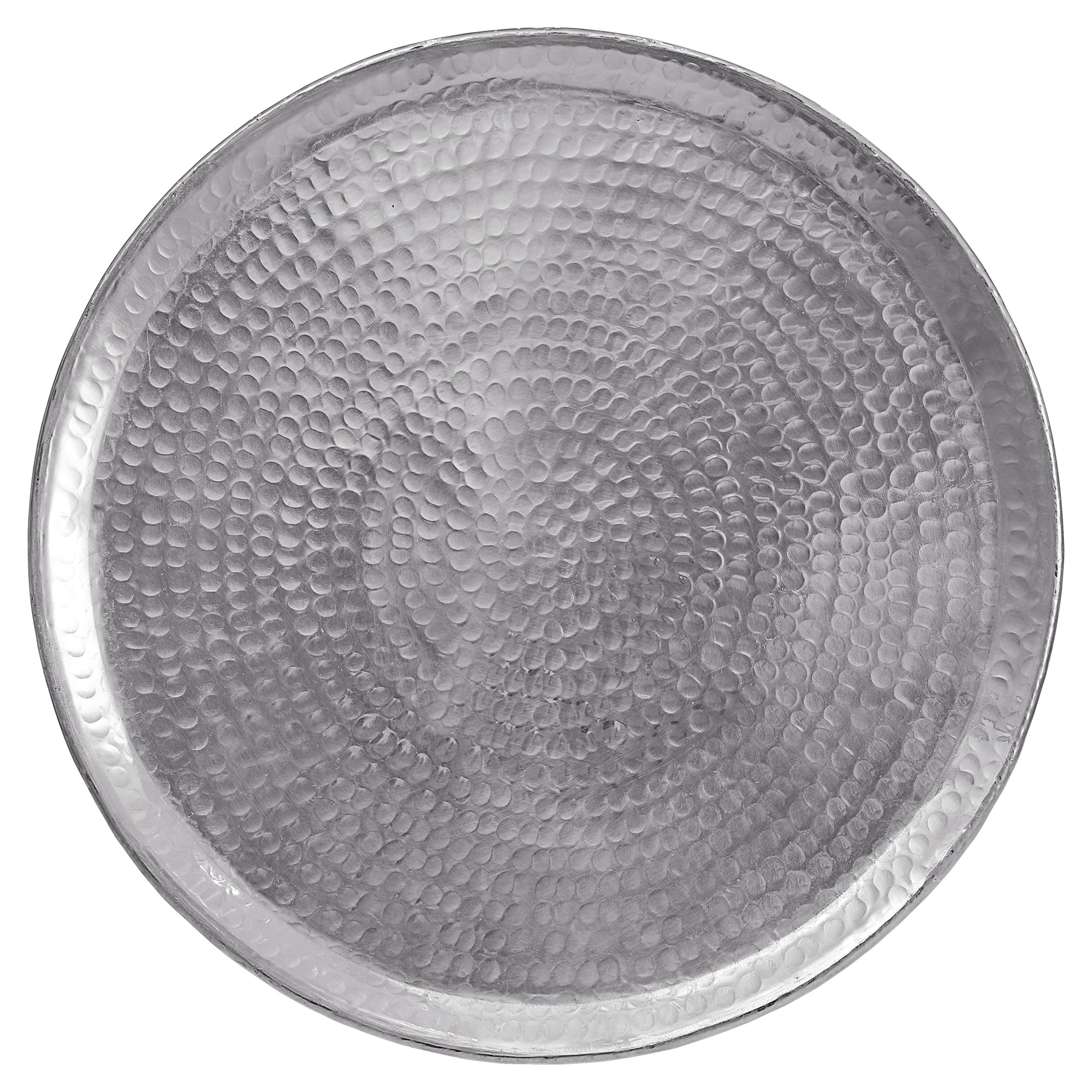 Piatto rotondo in argento con superficie martellata.