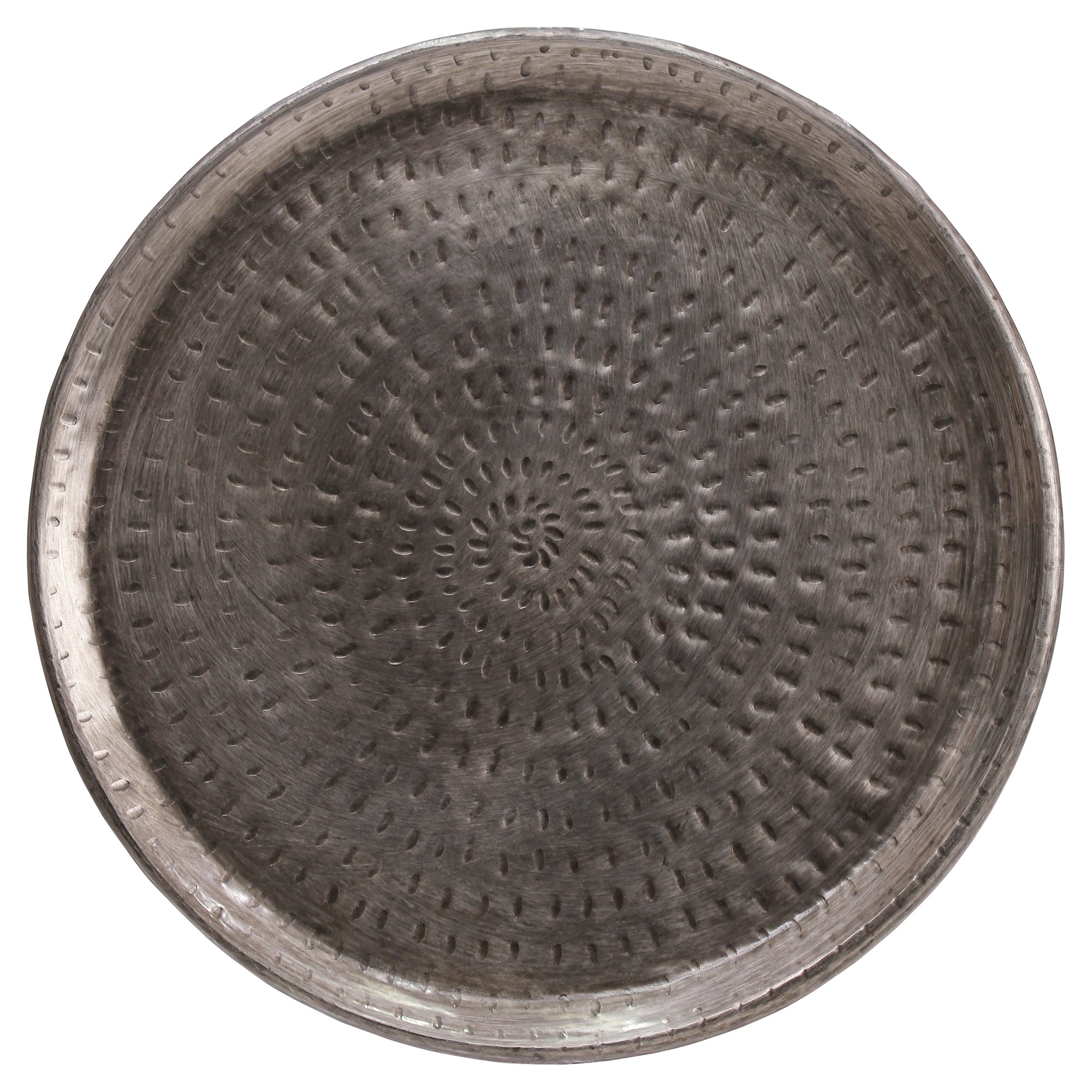 Assiette ronde argentée avec une surface texturée fine.